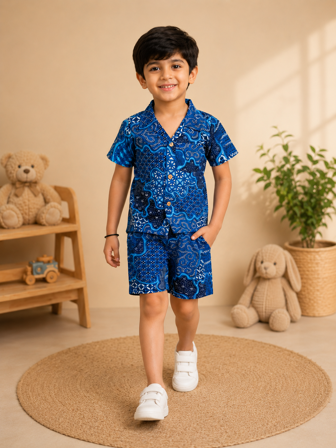 Boys' Abstract Print Co-ord Set. Handcrafted Cambric Cotton Half Sleeve Shirt & Shorts Set for Comfortable Casual Wear