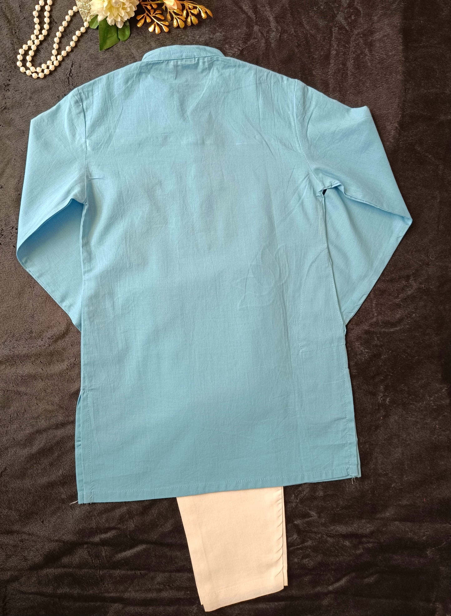 Sky Blue Lotus embroided Kurta -Pyjama