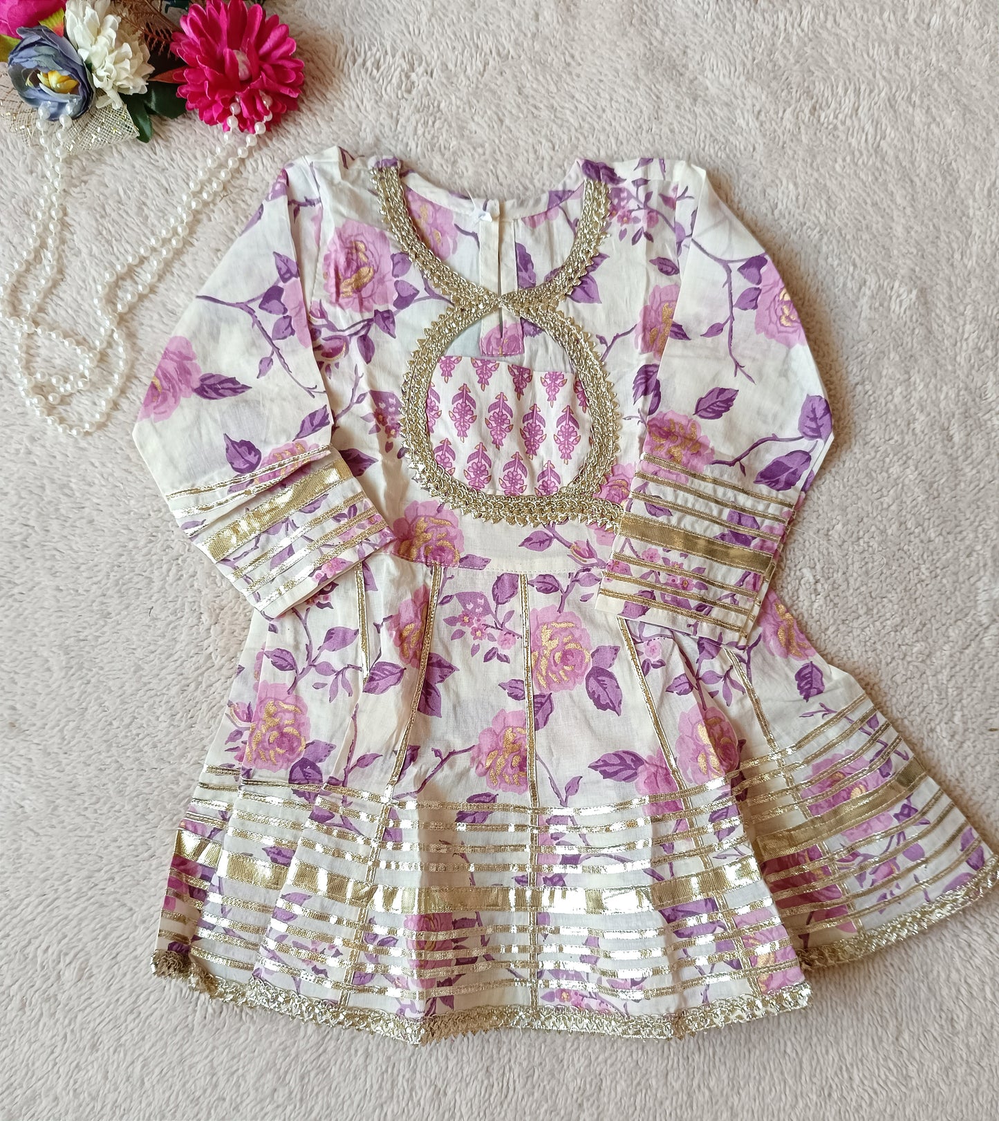 Lavender colour Rose Print Anarkali Kurti With Sharara