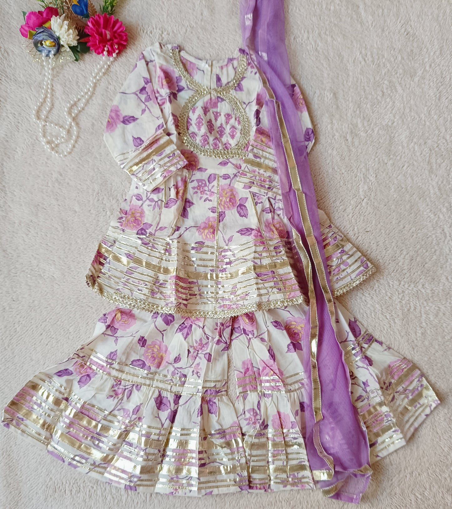 Lavender colour Rose Print Anarkali Kurti With Sharara