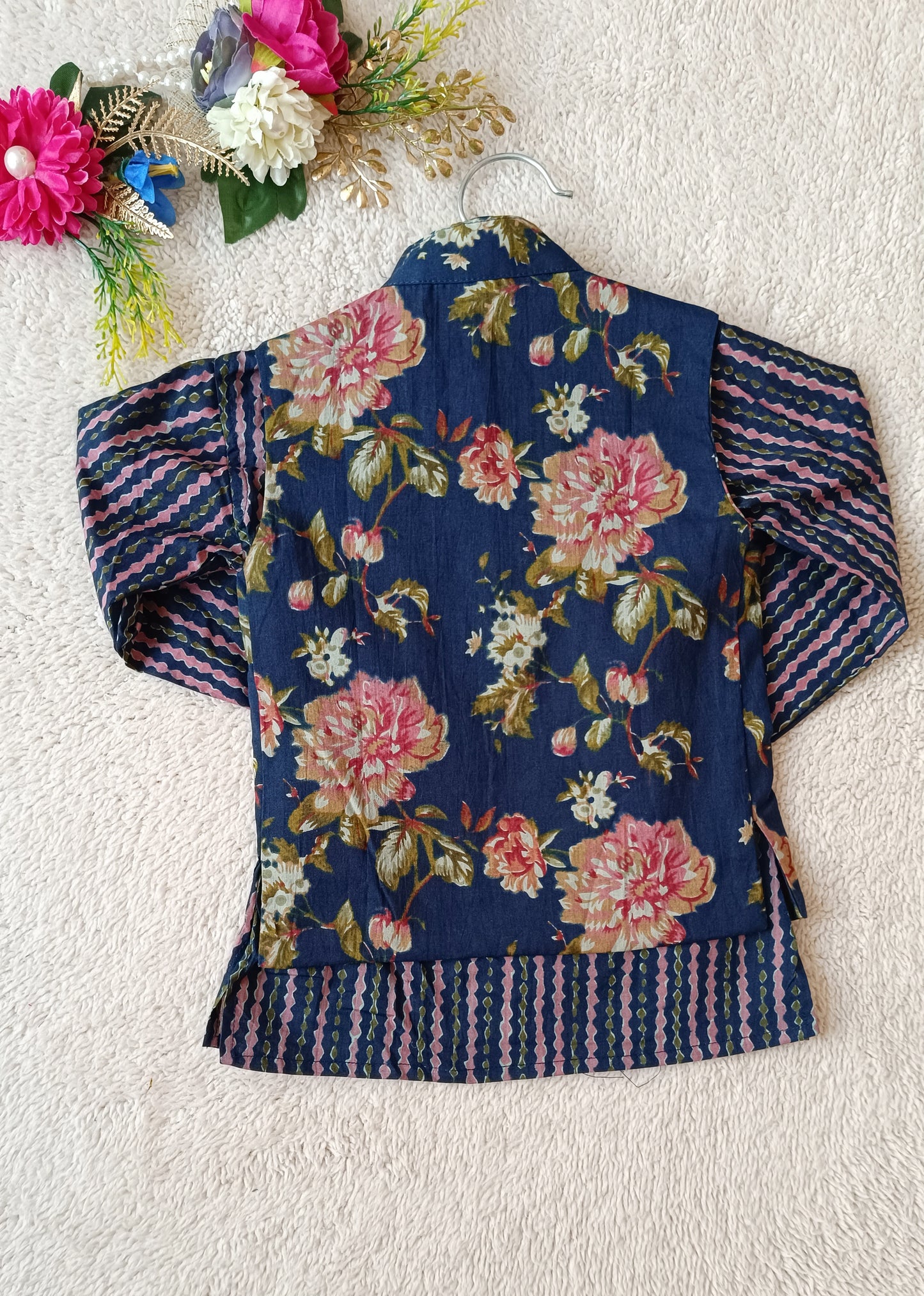 Royal Blue Fulwari Print Jacket with Kurta-Pyjama