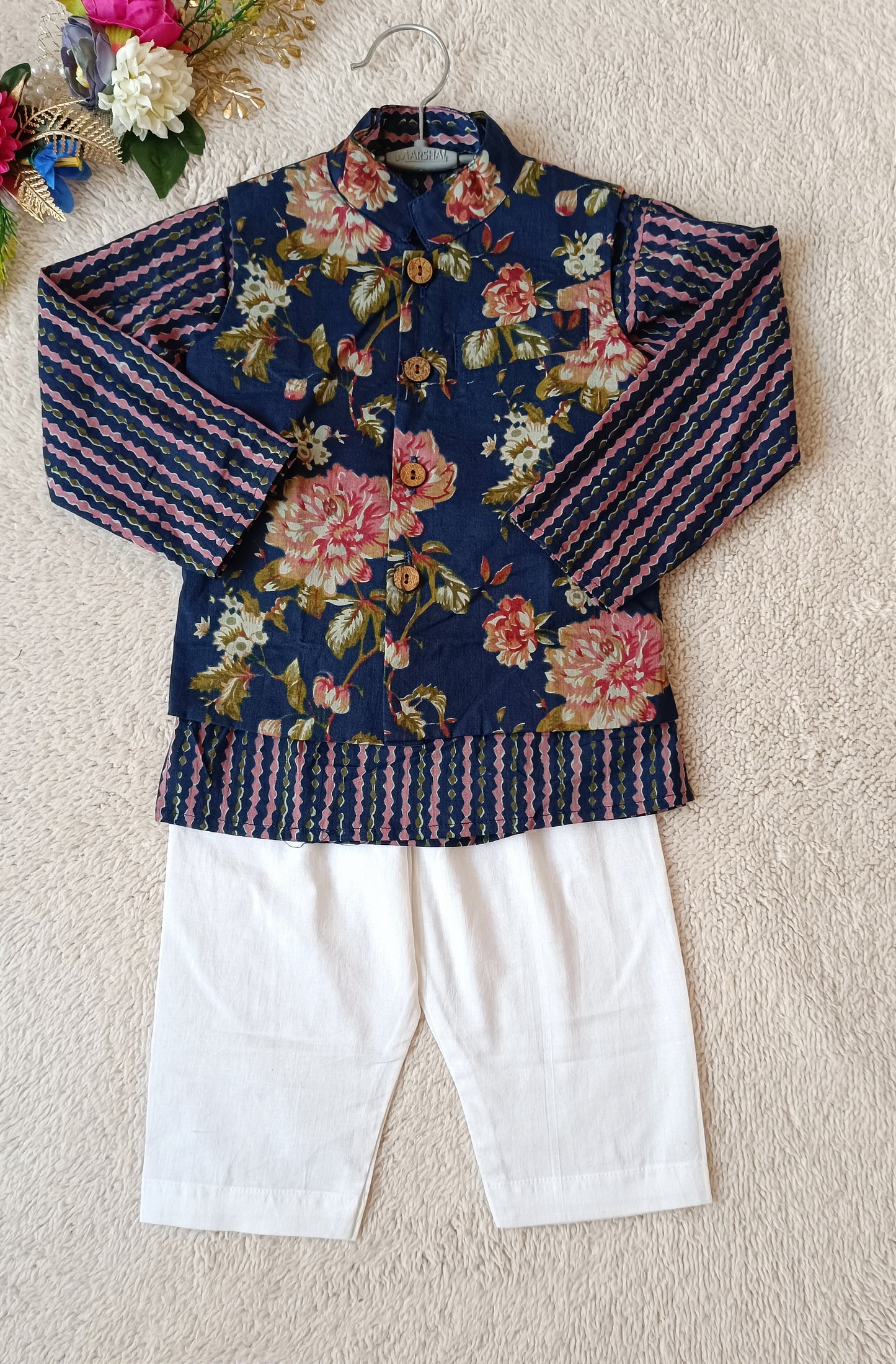 Royal Blue Fulwari Print Jacket with Kurta-Pyjama