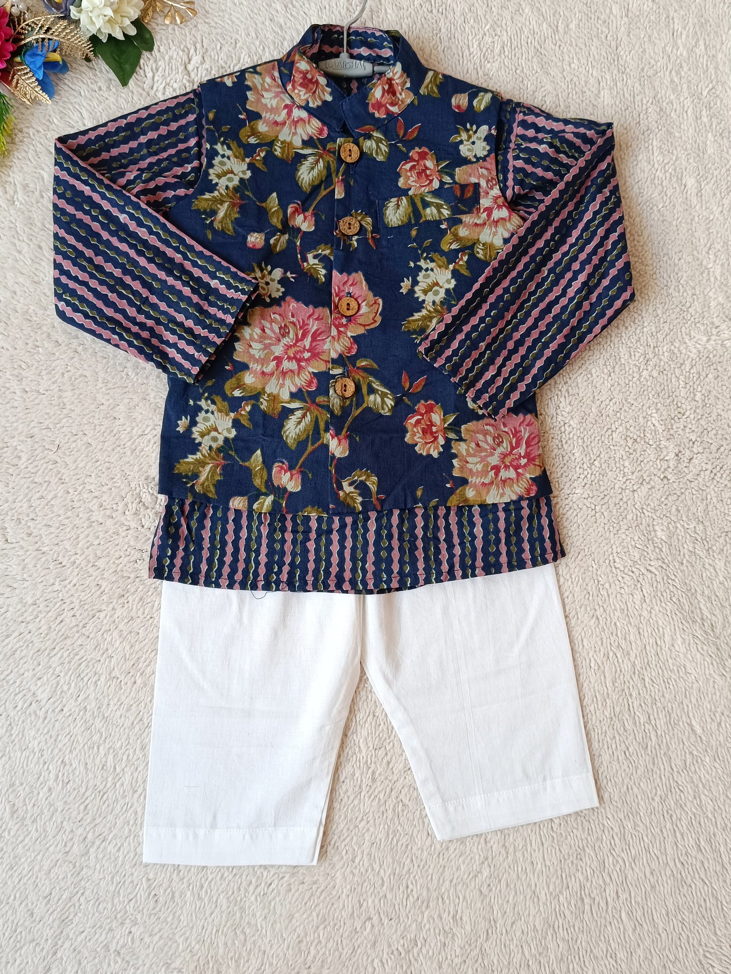 Royal Blue Fulwari Print Jacket with Kurta-Pyjama