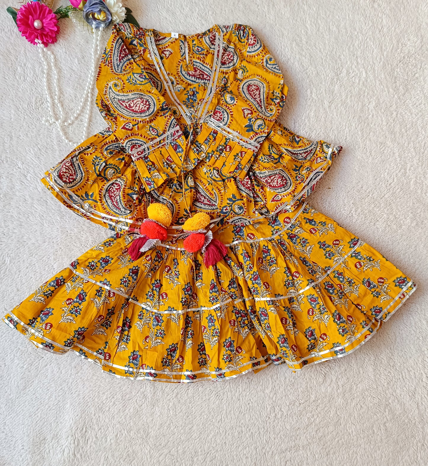 Block Print Mustard Coloured Lehnga Choli