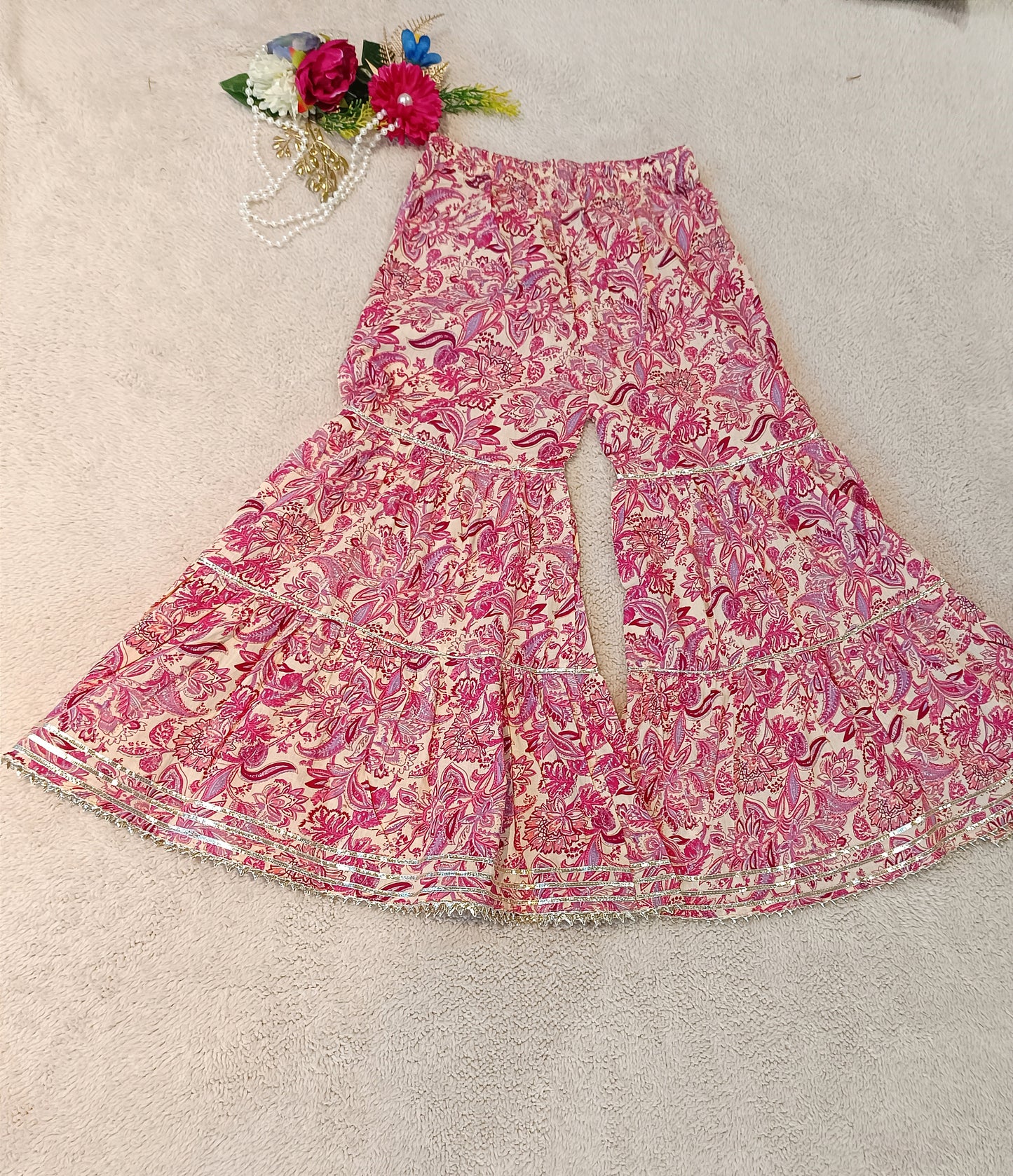 Pink Colour Flower Print Anarkali Suit With Sharara