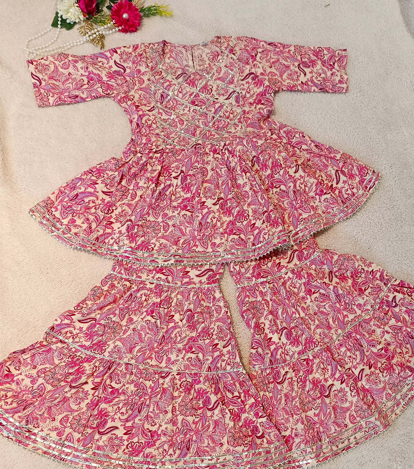 Pink Colour Flower Print Anarkali Suit With Sharara