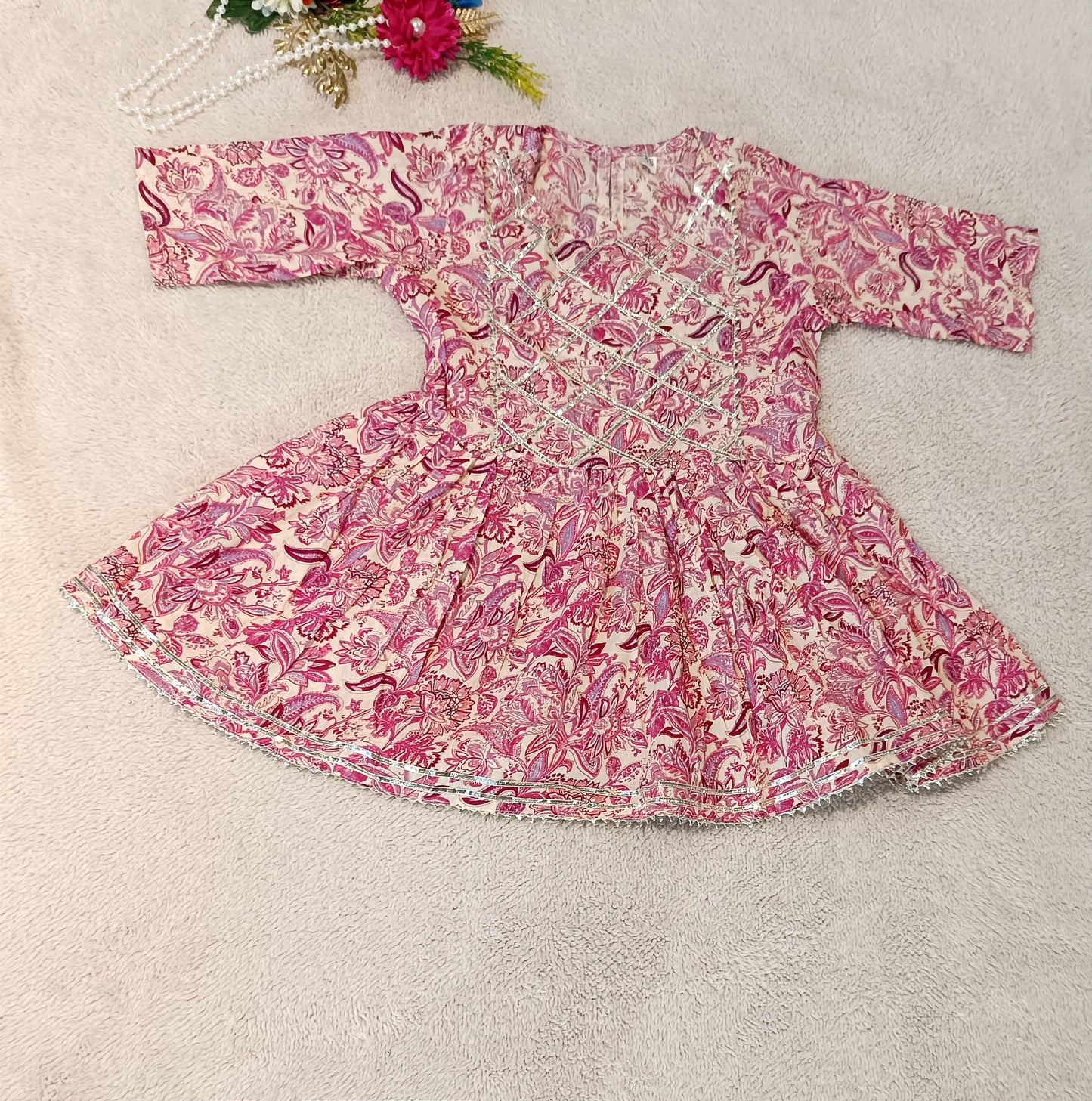 Pink Colour Flower Print Anarkali Suit With Sharara