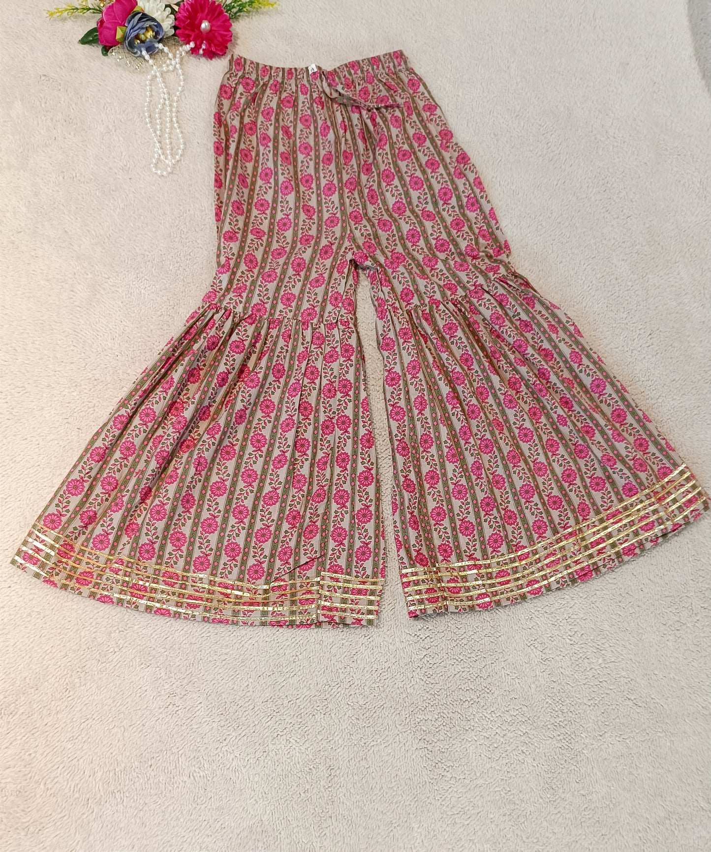 Pink Flower Printed Anarkali Suit with Sharara