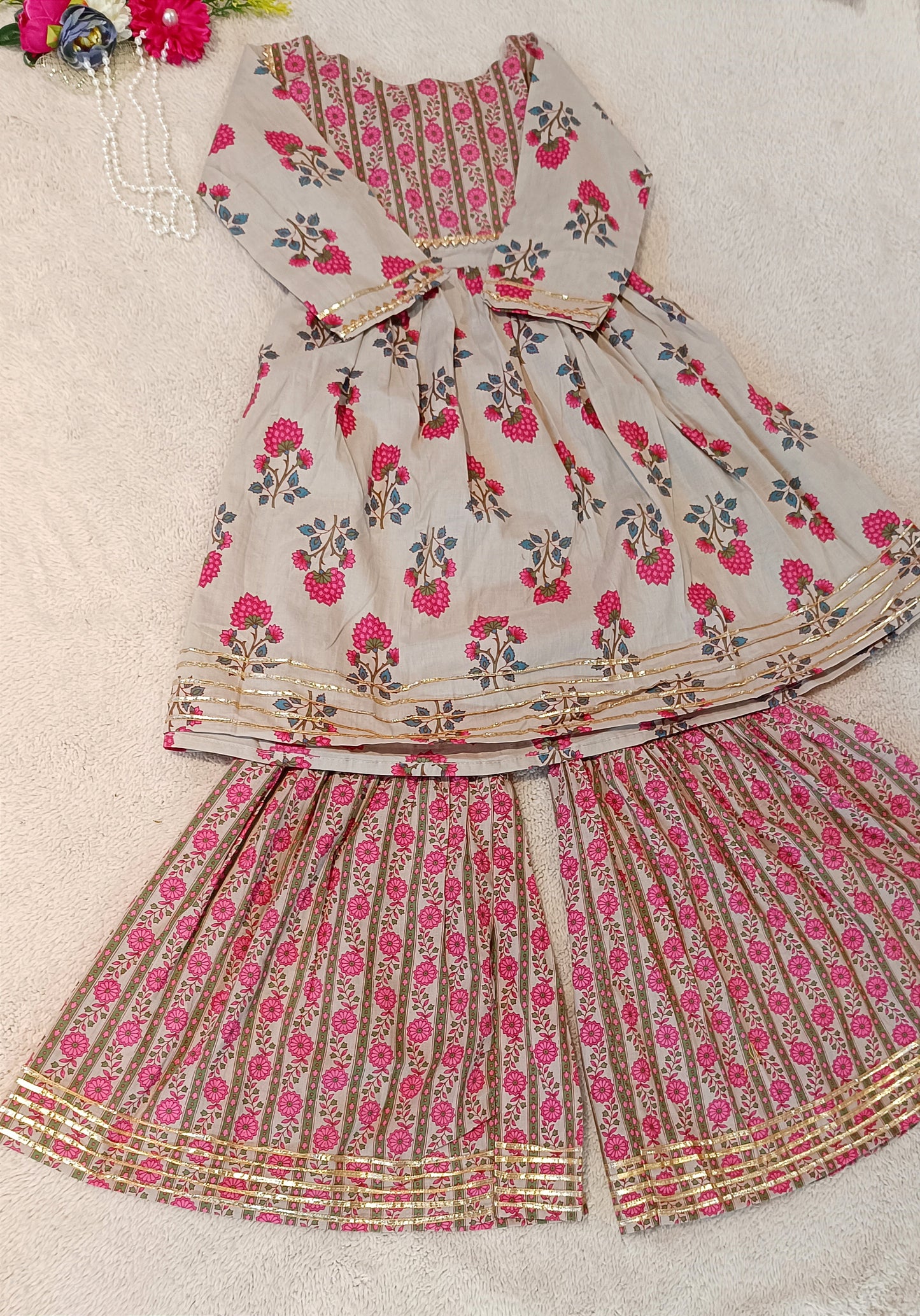 Pink Flower Printed Anarkali Suit with Sharara