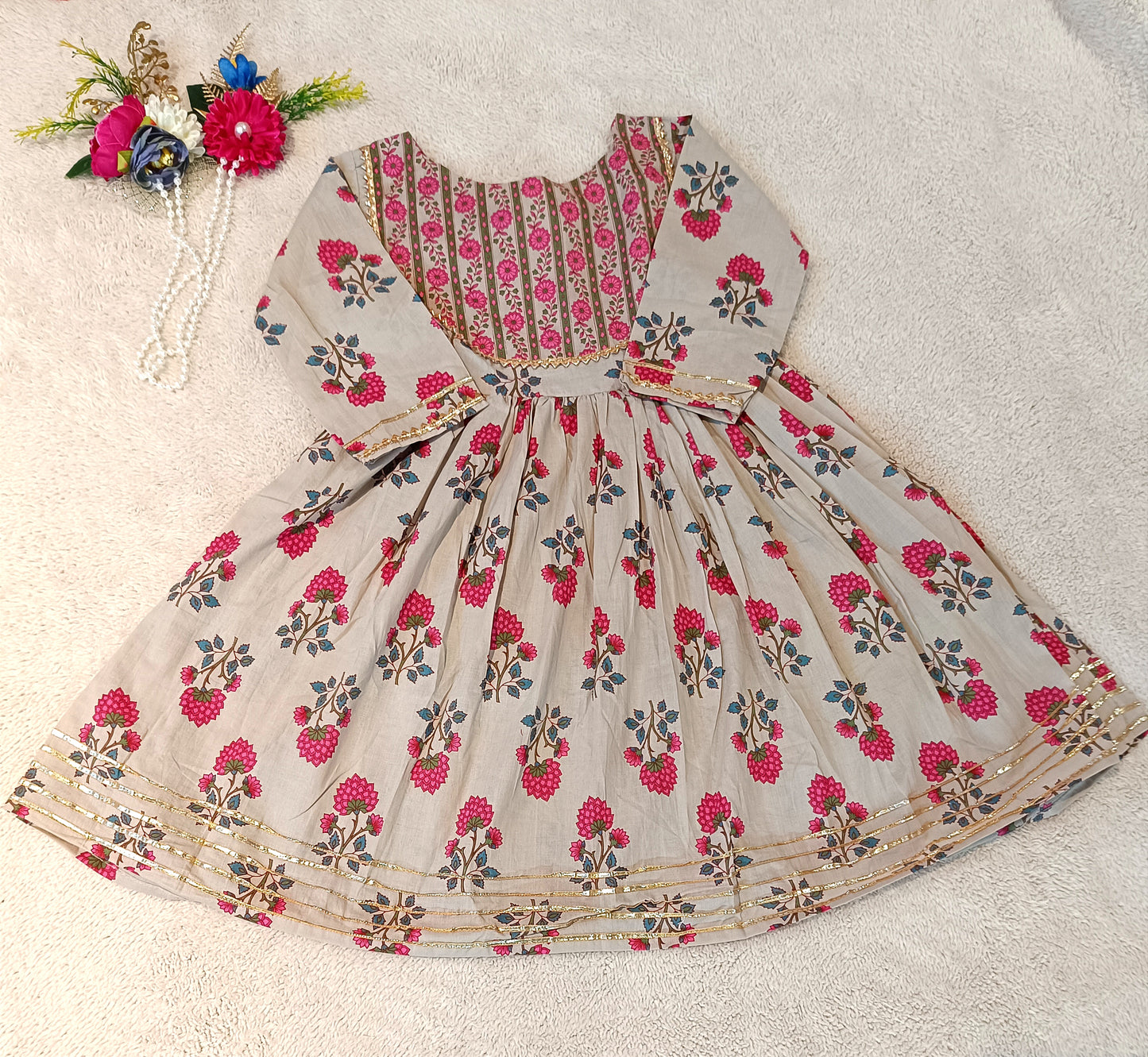 Pink Flower Printed Anarkali Suit with Sharara