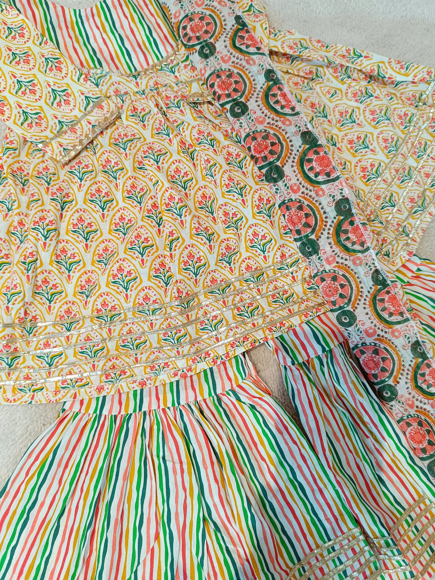 Khadi Cotton Block Print Orange Sharara With Anarkali