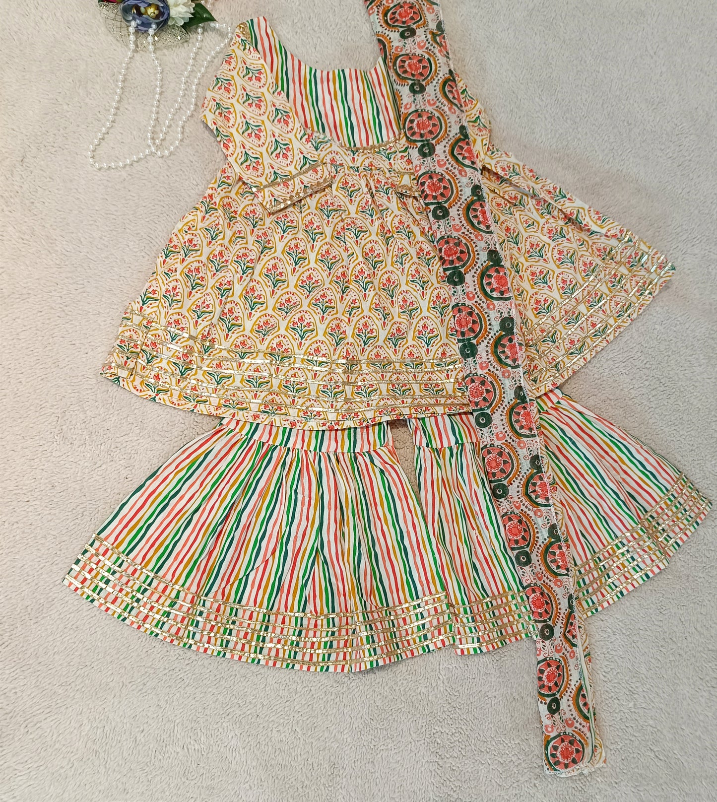 Khadi Cotton Block Print Orange Sharara With Anarkali