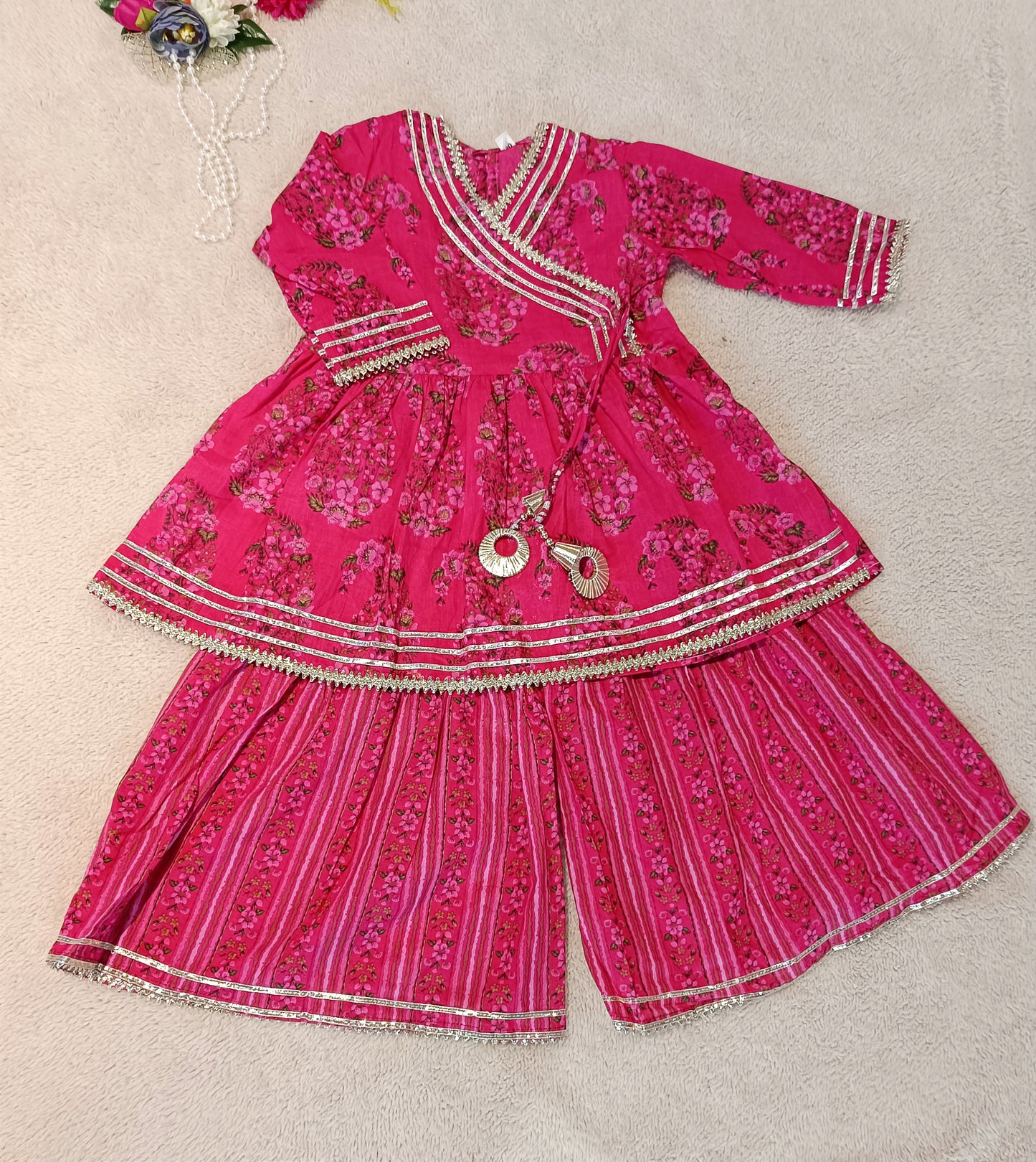Block Print Pink Coloured Anarkali Suit With Sharara