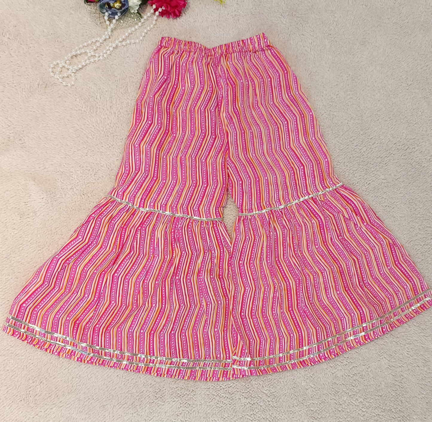 Block Printed Yellow & Pink Coloured Anarkali Suit with Sharara