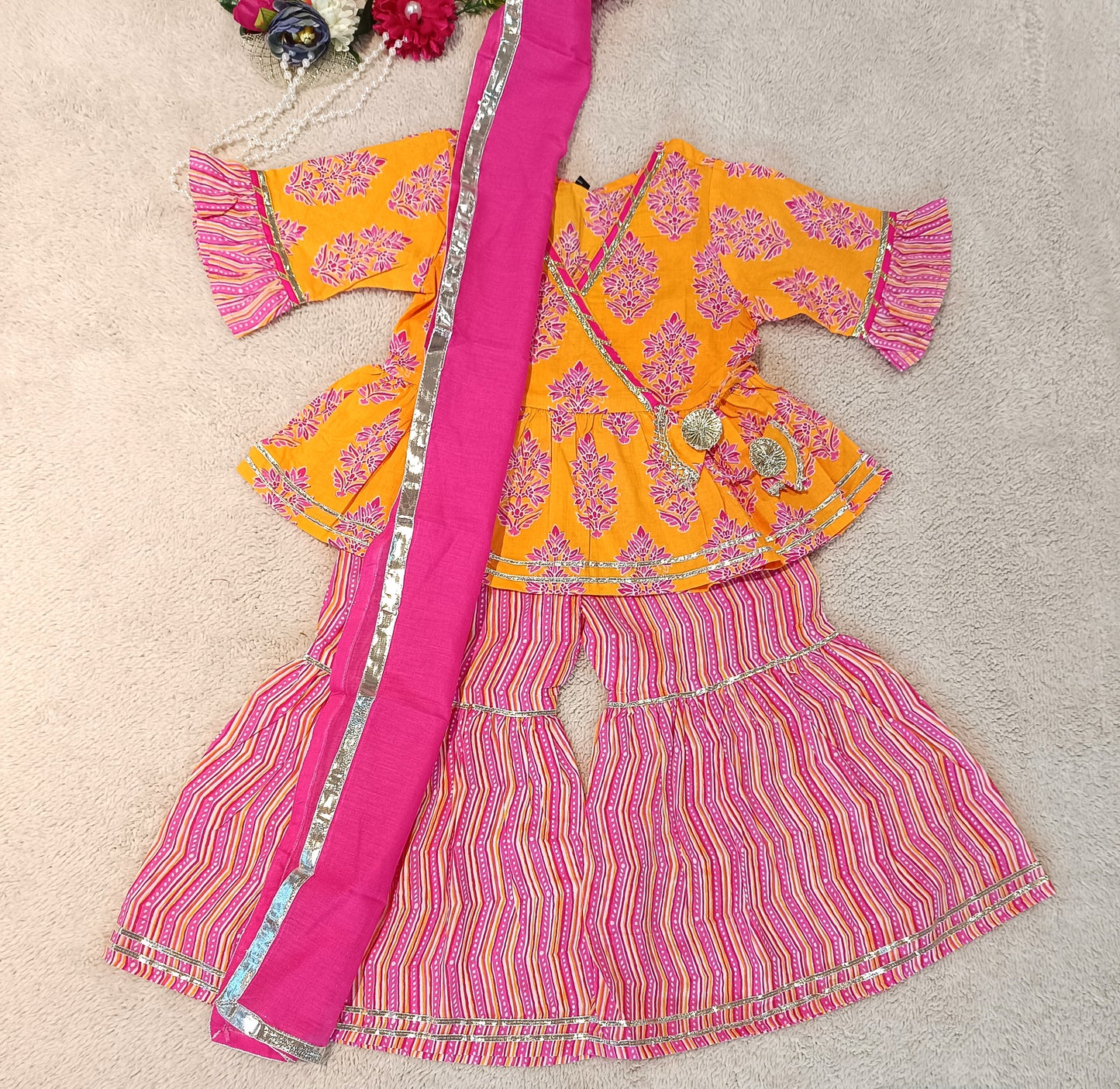 Block Printed Yellow & Pink Coloured Anarkali Suit with Sharara