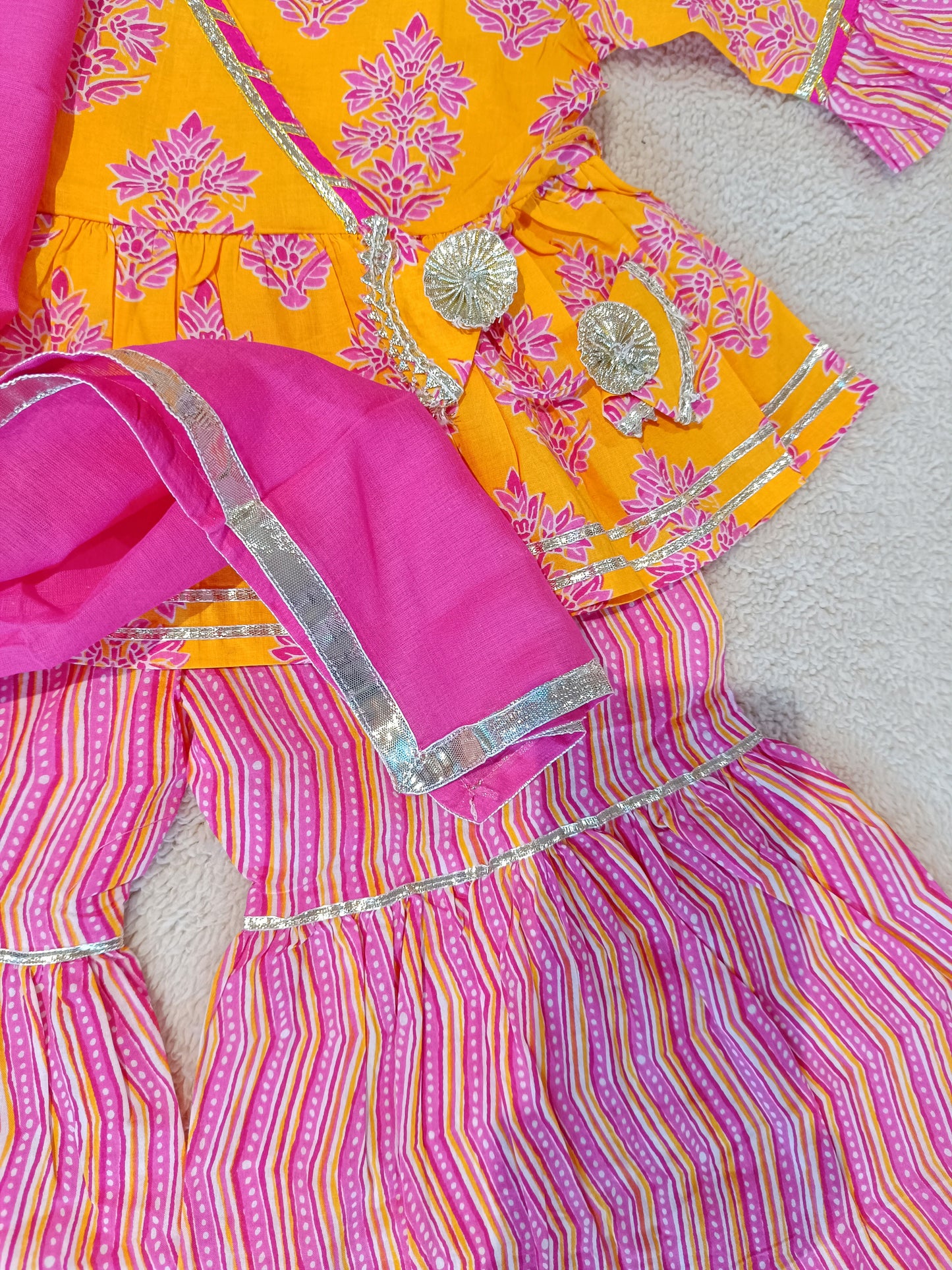 Block Printed Yellow & Pink Coloured Anarkali Suit with Sharara
