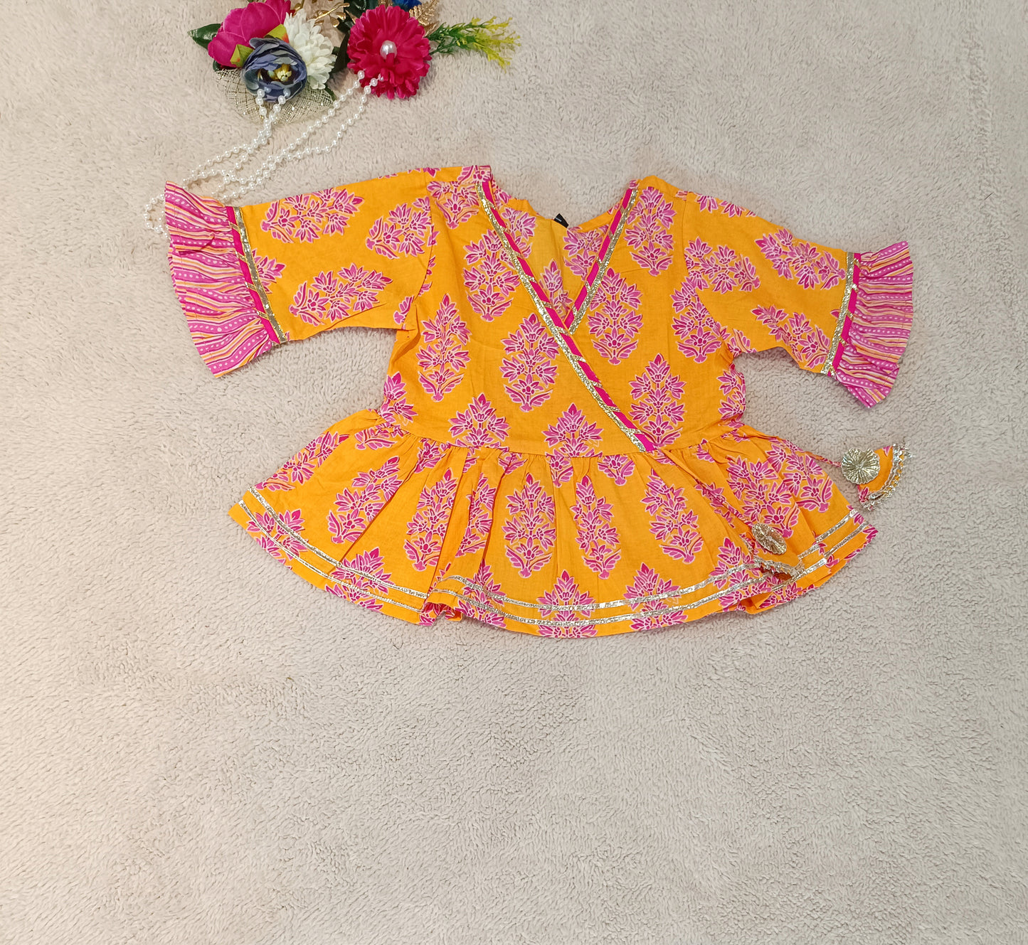 Block Printed Yellow & Pink Coloured Anarkali Suit with Sharara