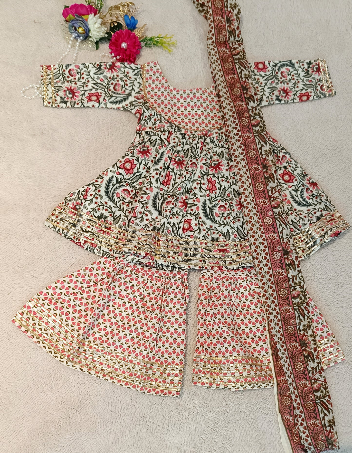 Khadi Cotton Block Print Pink Coloured Sharara With Anarkali