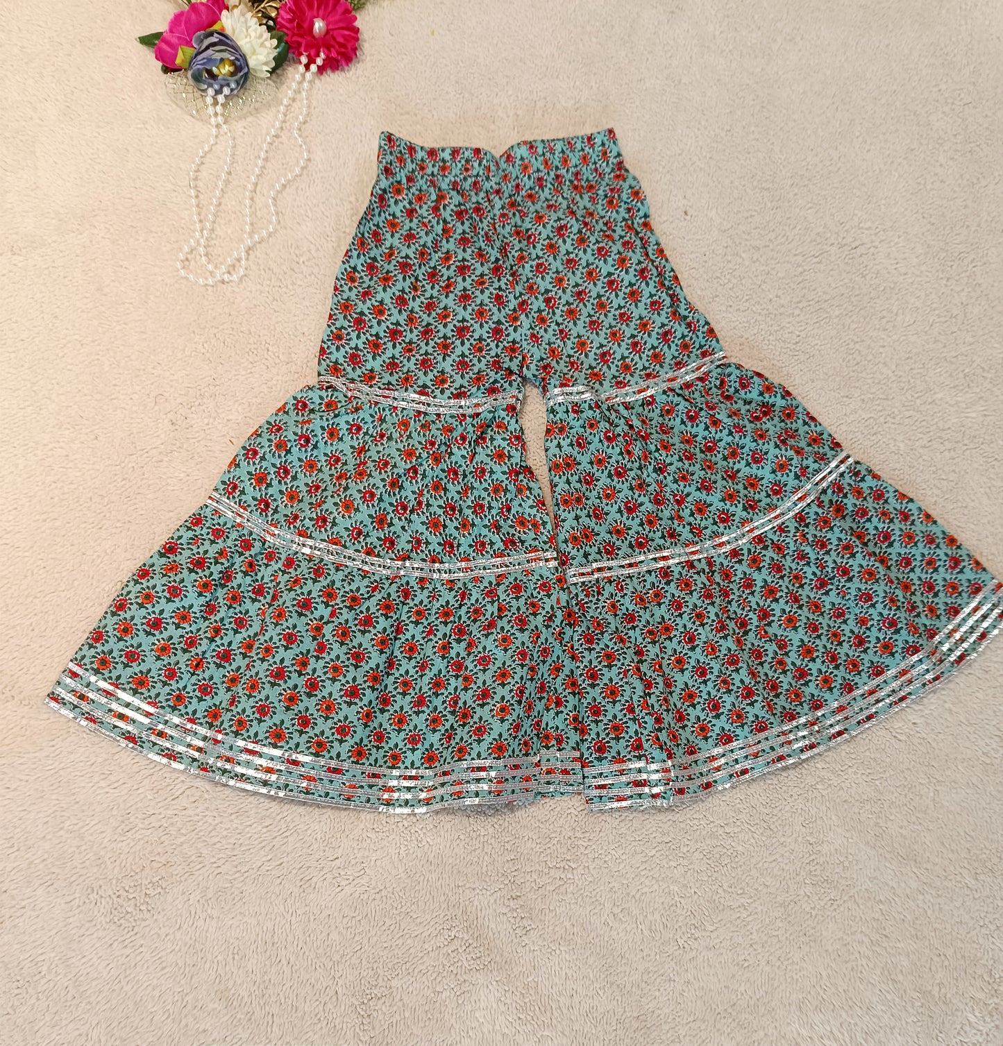 Flower Printed Red & Green Coloured Anarkali Suit with Sharara