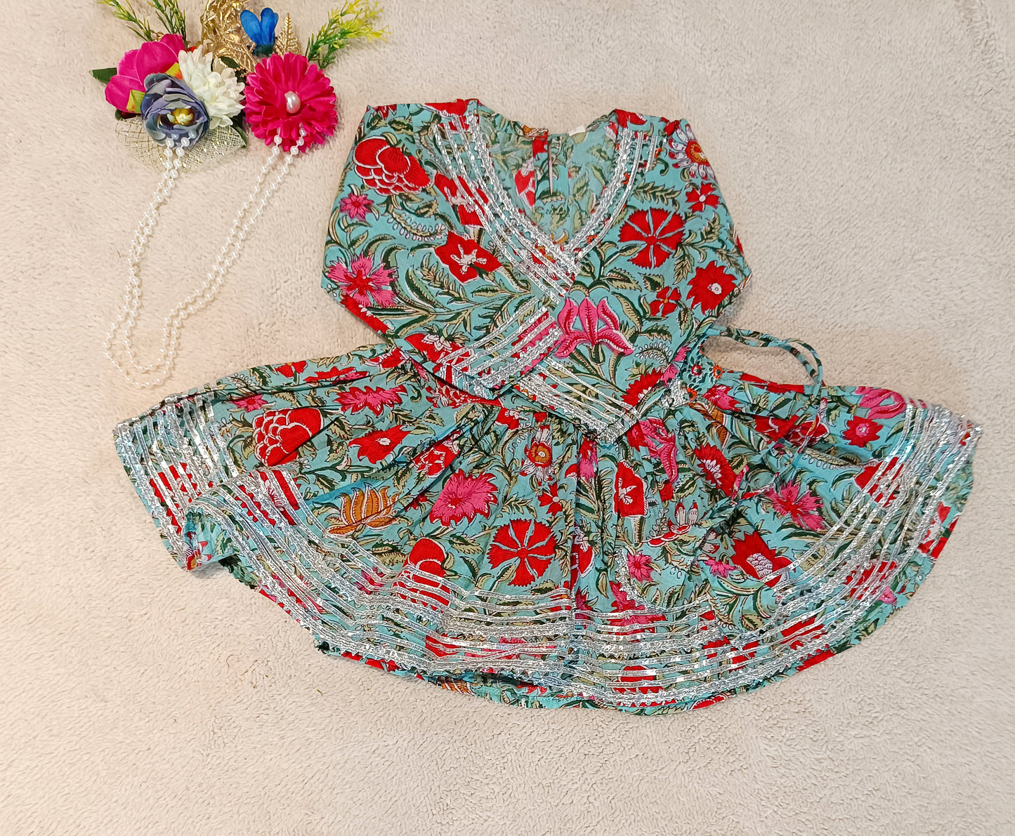 Flower Printed Red & Green Coloured Anarkali Suit with Sharara