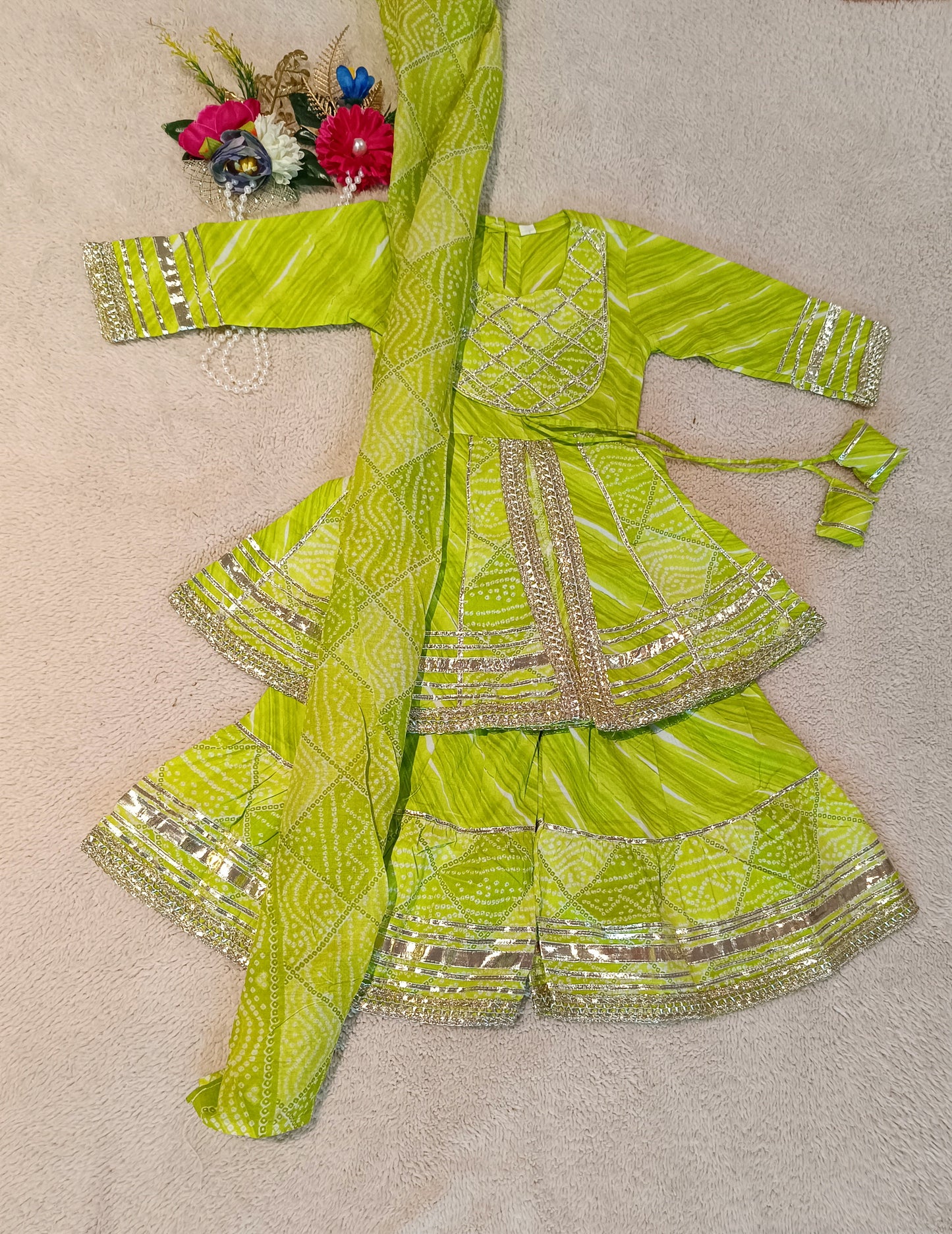 Bandhej Printed Parrot Green Coloured Anarkali Suit With Sharara
