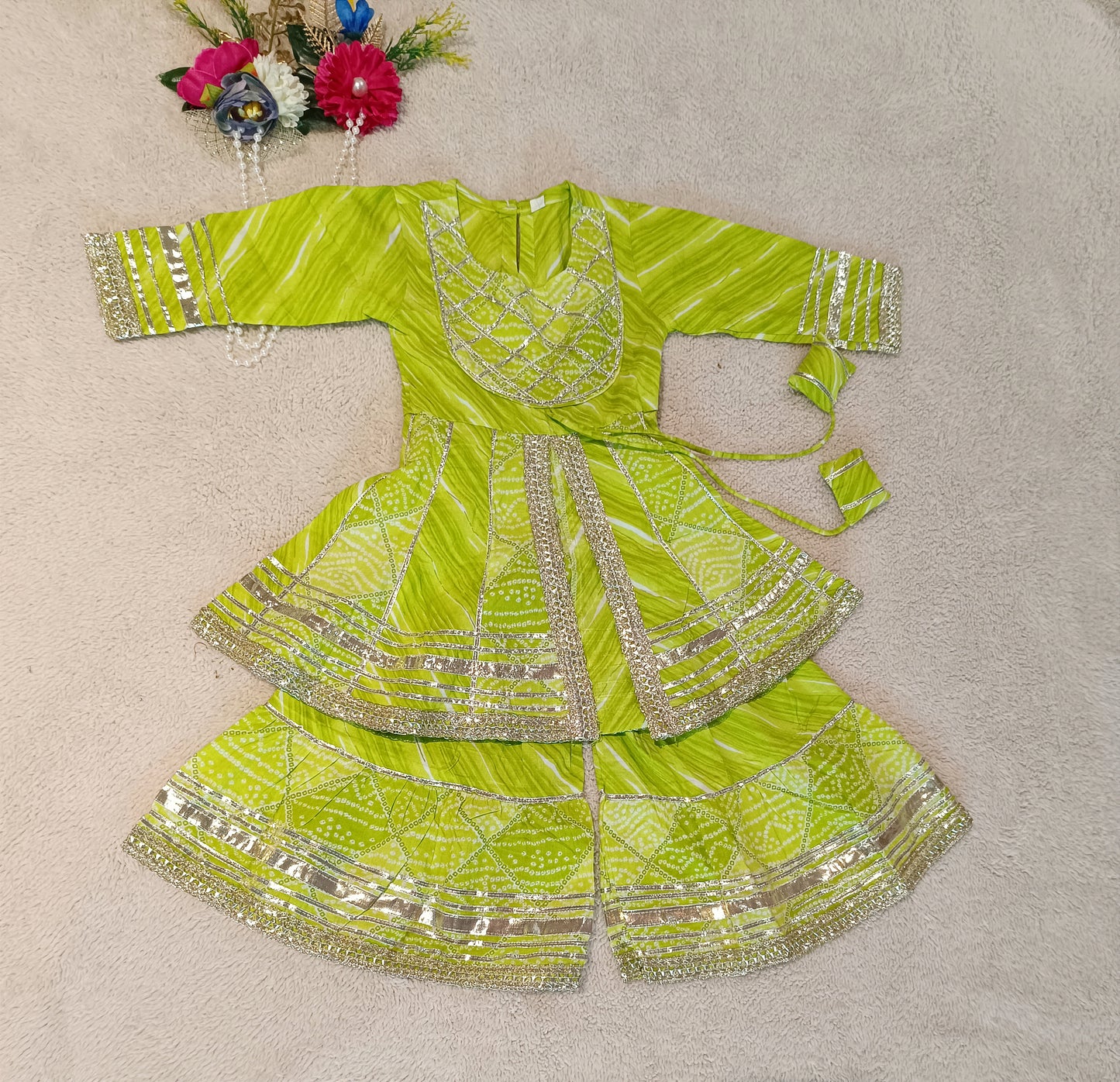 Bandhej Printed Parrot Green Coloured Anarkali Suit With Sharara