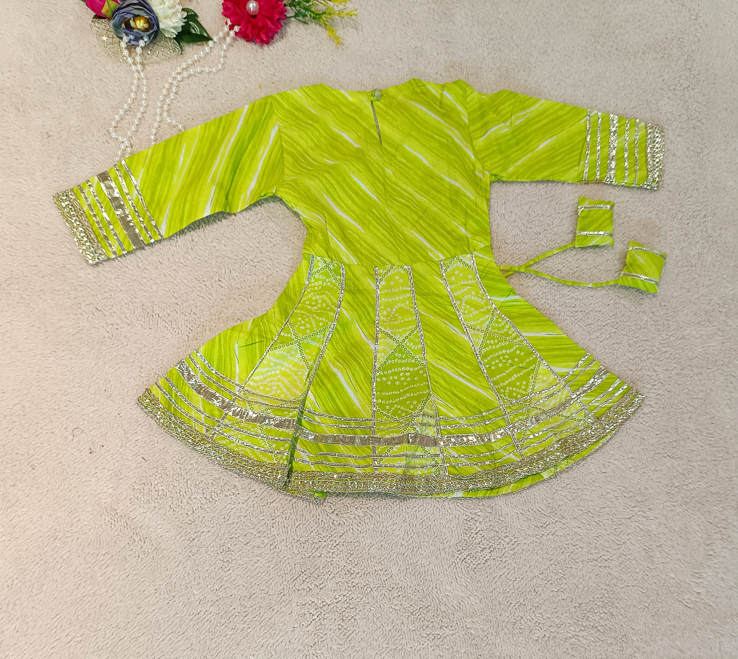 Bandhej Printed Parrot Green Coloured Anarkali Suit With Sharara