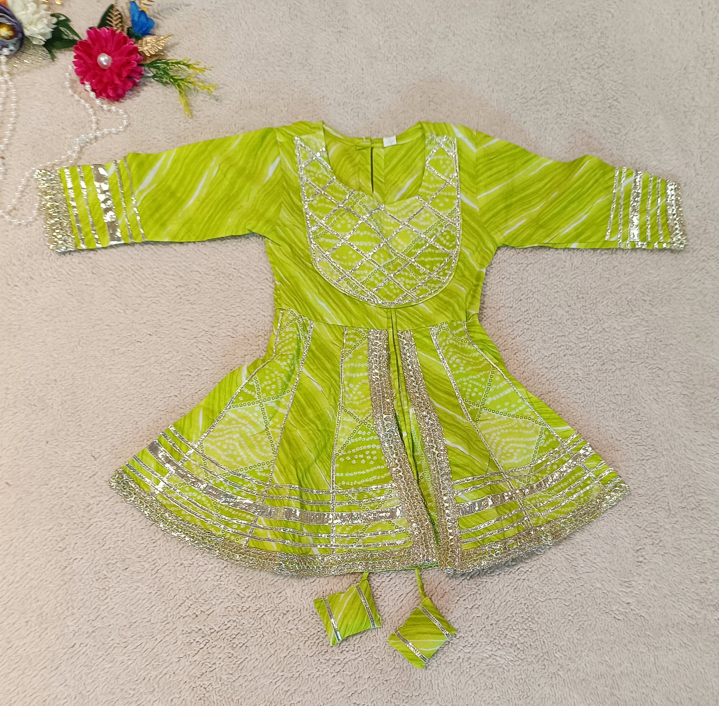 Bandhej Printed Parrot Green Coloured Anarkali Suit With Sharara
