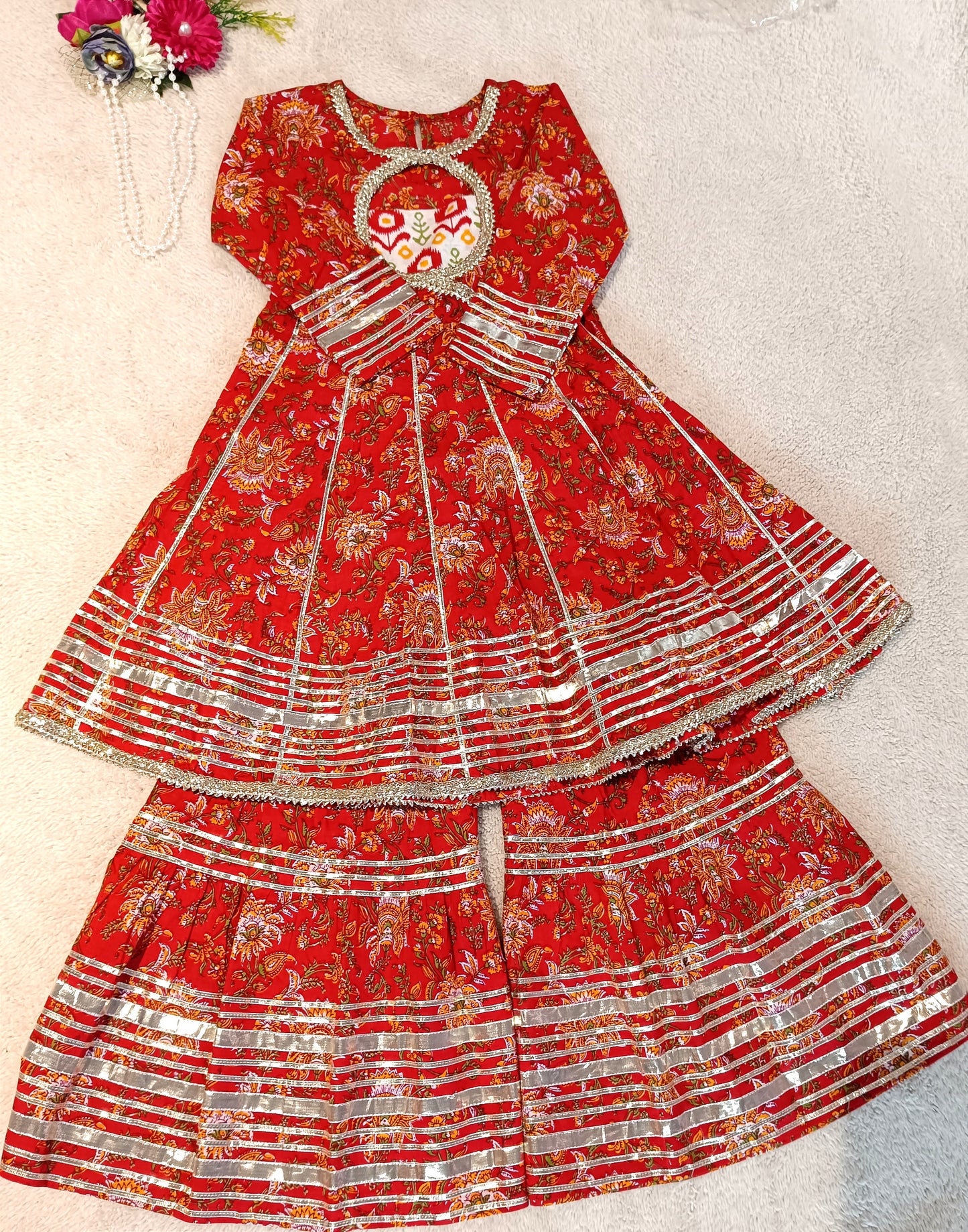 Screen Printed Red Coloured Anarkali Suit With Sharara