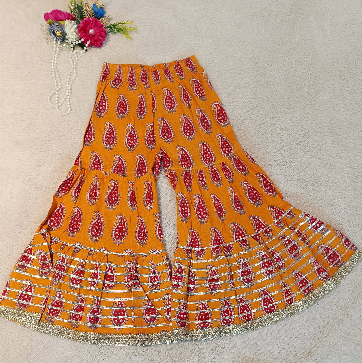 Block Printed Mustard Coloured Anarkali Suit With Sharara