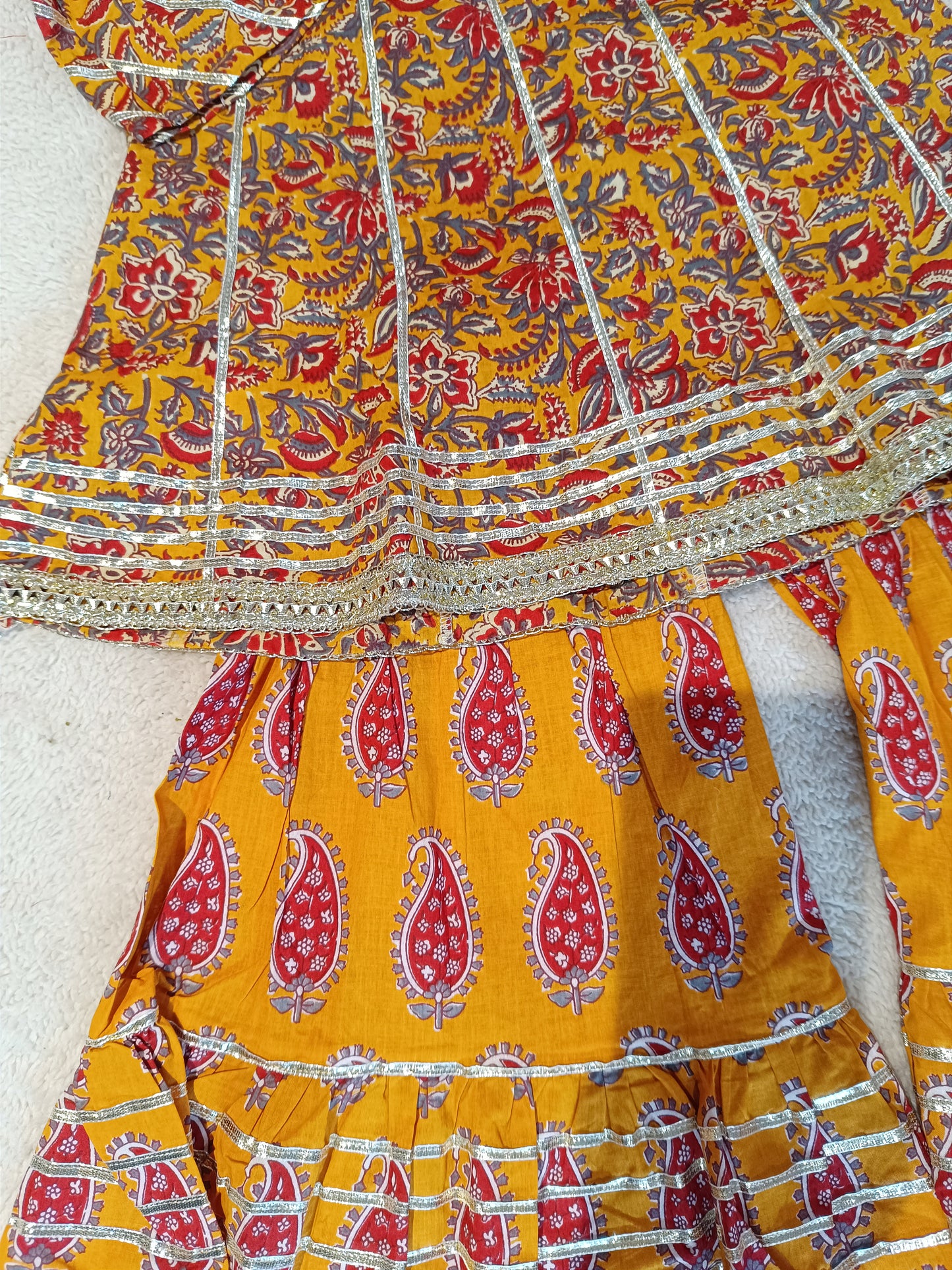 Block Printed Mustard Coloured Anarkali Suit With Sharara
