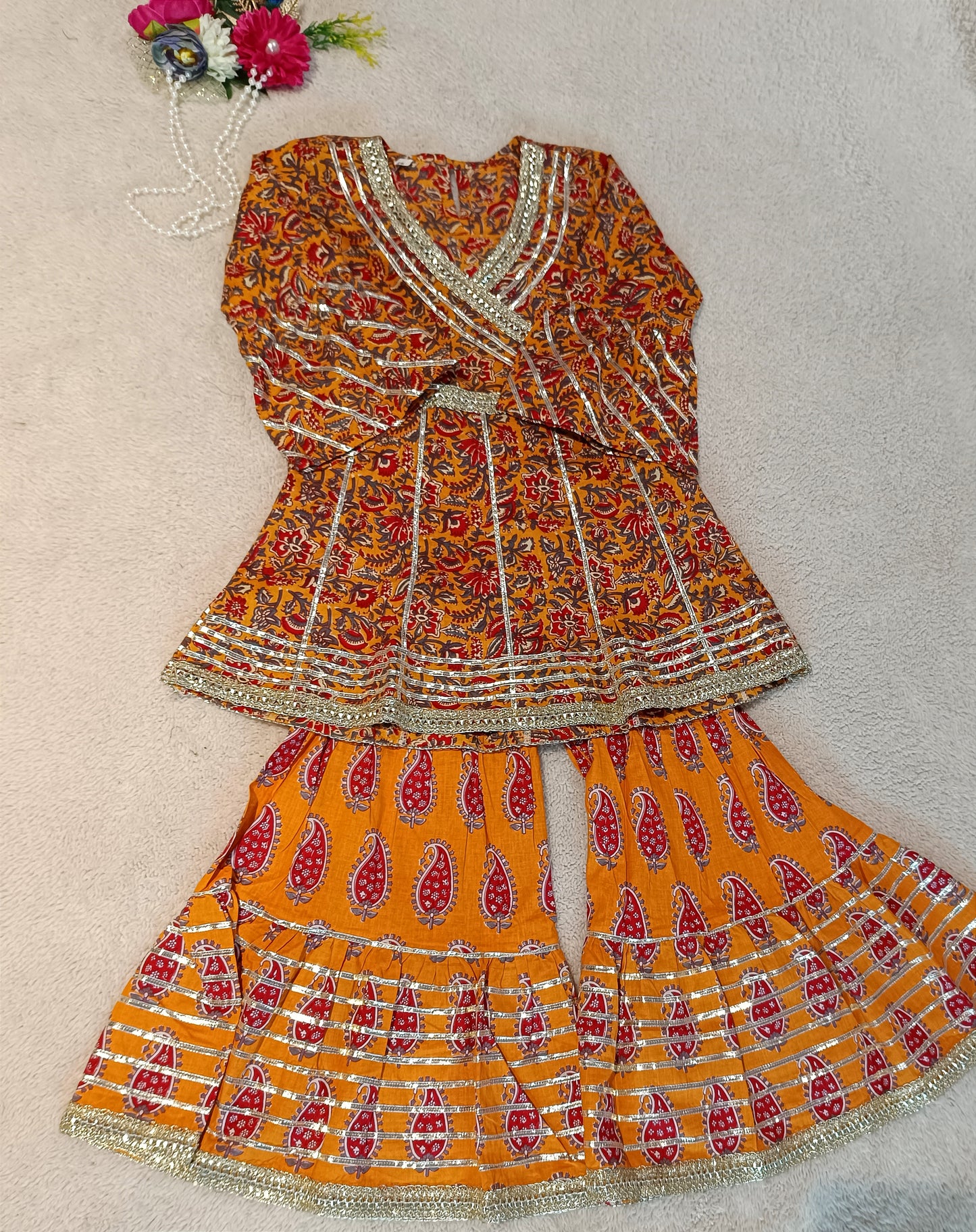 Block Printed Mustard Coloured Anarkali Suit With Sharara