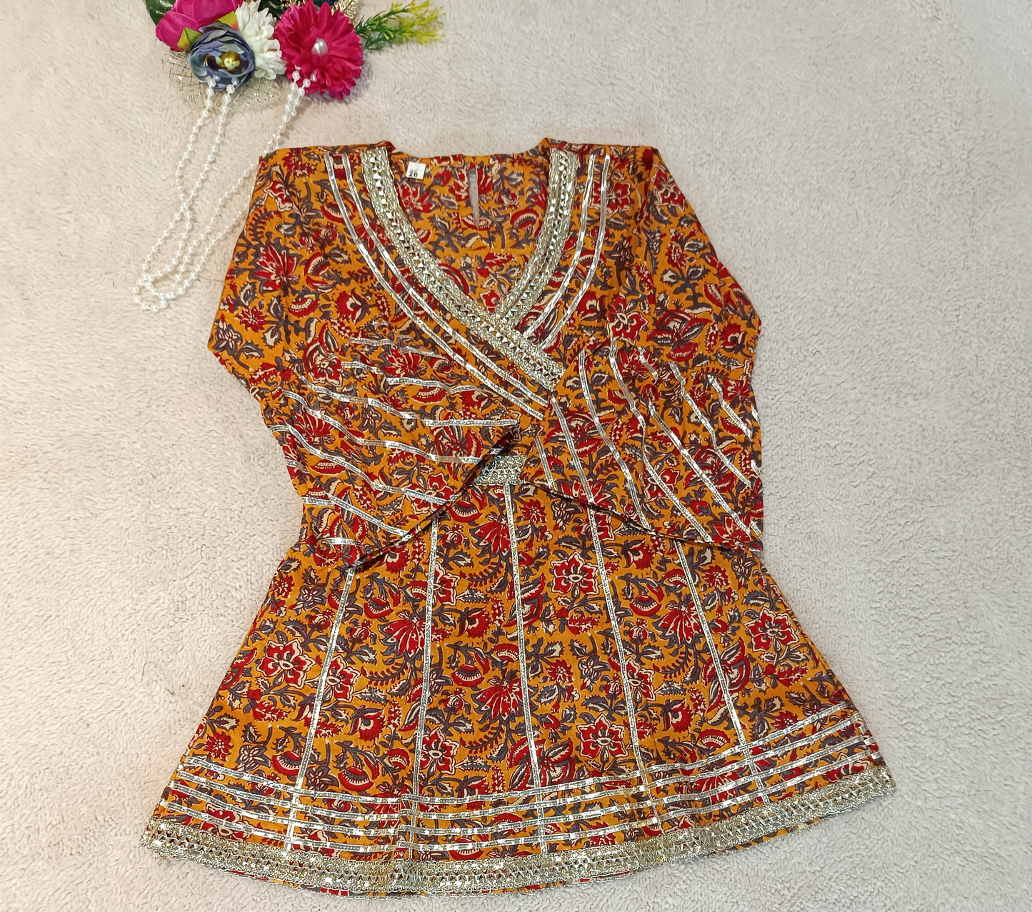 Block Printed Mustard Coloured Anarkali Suit With Sharara