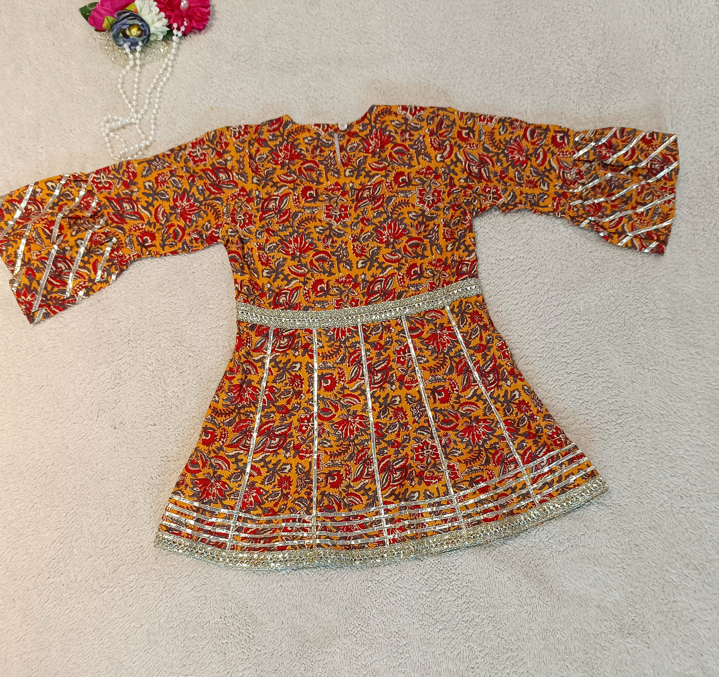 Block Printed Mustard Coloured Anarkali Suit With Sharara
