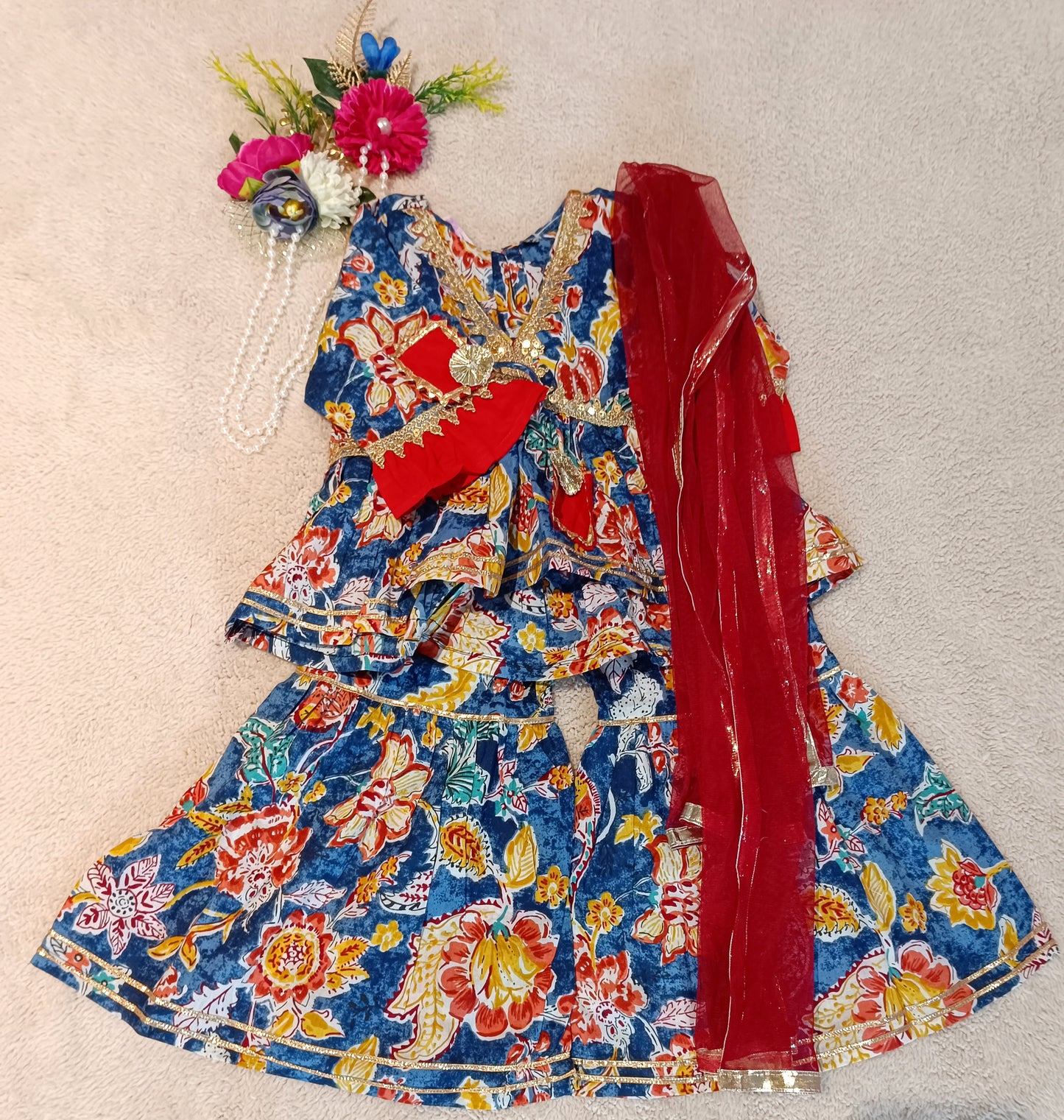 Abstract Flower Printed Blue Coloured Anarkali Suit With Sharara