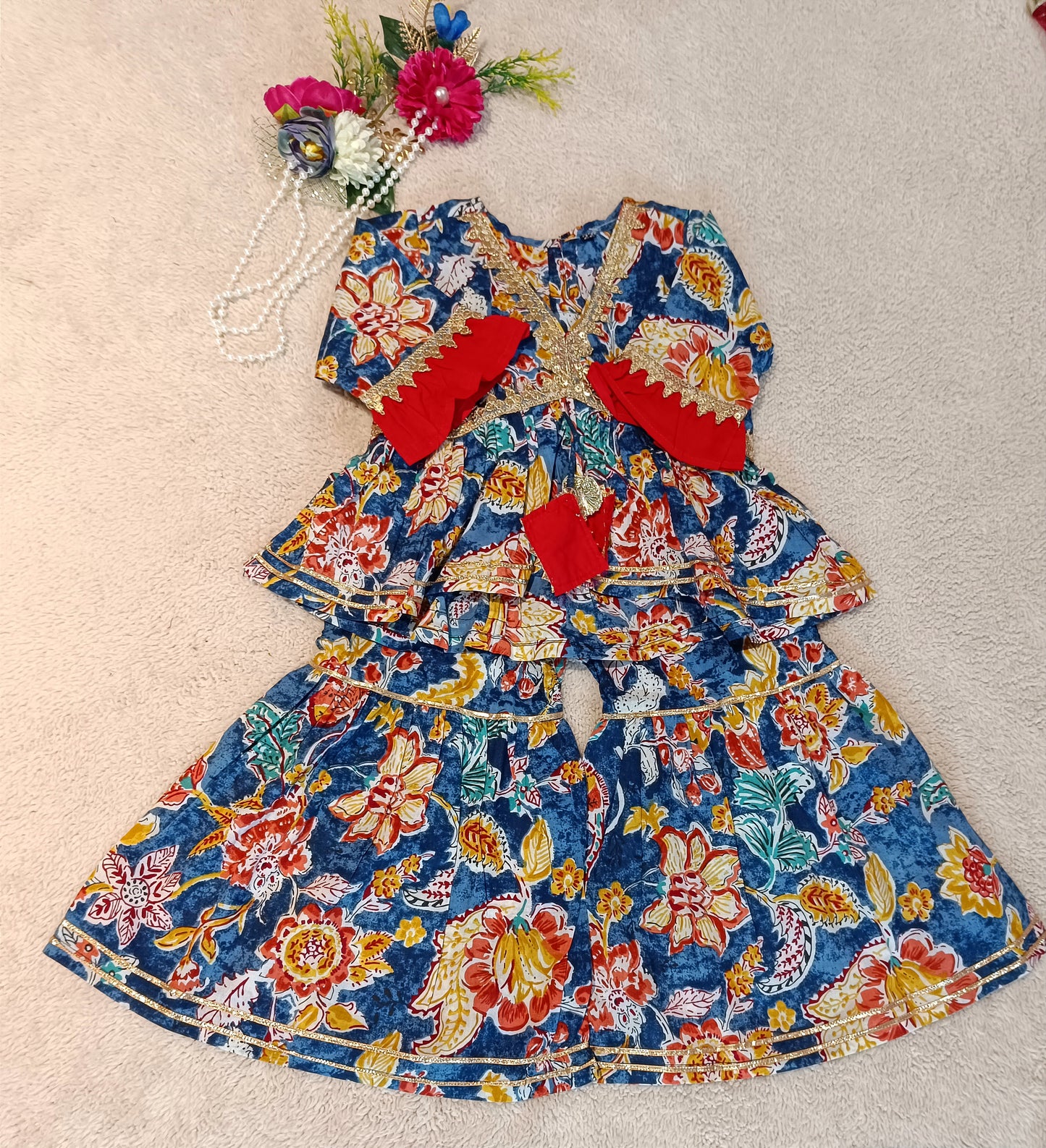 Abstract Flower Printed Blue Coloured Anarkali Suit With Sharara