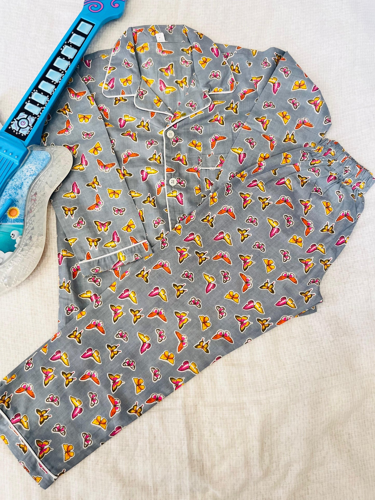 Butterfly Print Grey Colour Night Suit