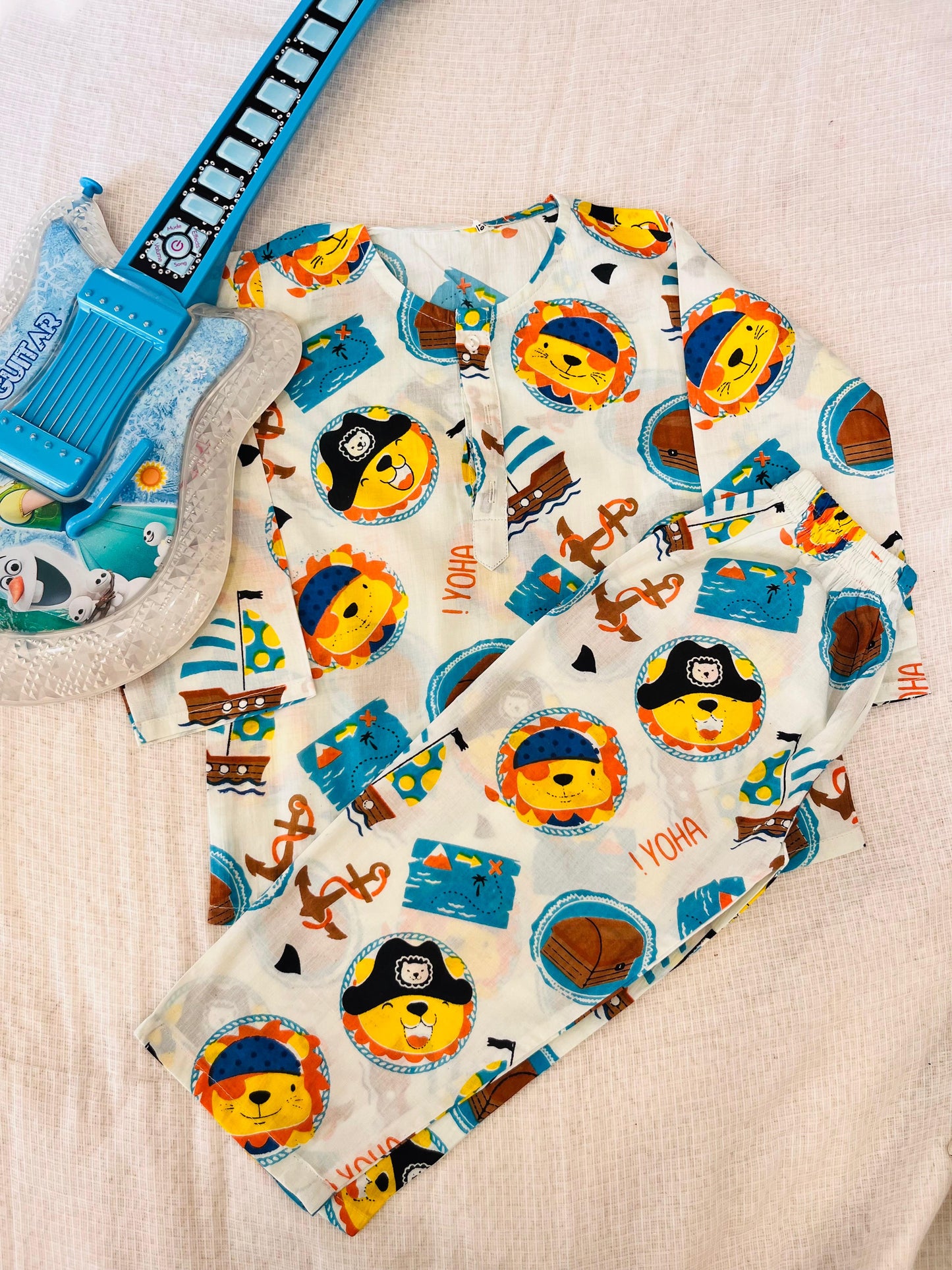 Sailor Cat Printed Yellow Color Night Suit