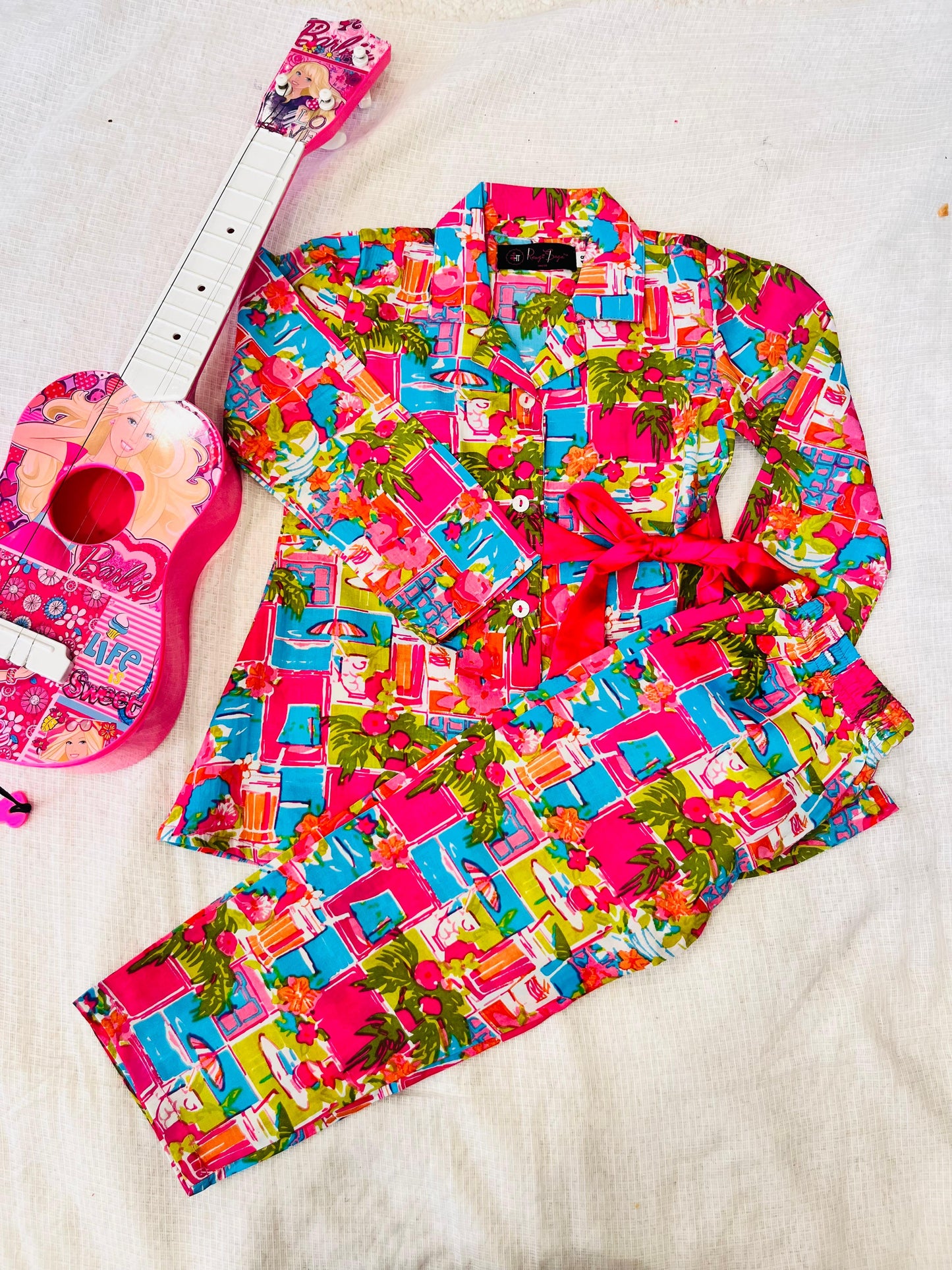Pink Colour Tropical Print Girls Co-Ord Set