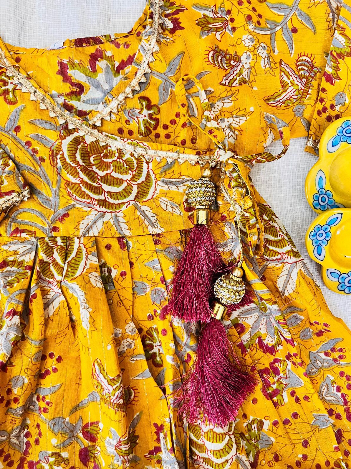 Mustard Colour Floral Printed Girls Flare Suit Set