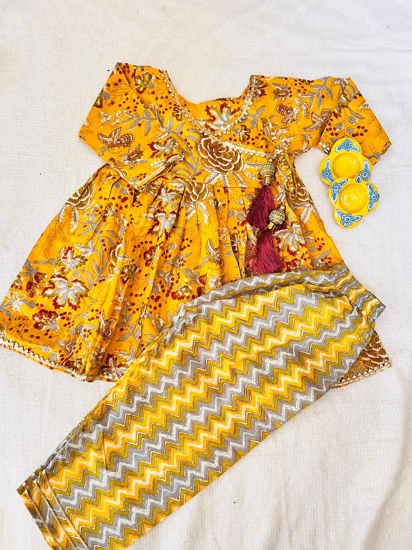 Mustard Colour Floral Printed Girls Flare Suit Set