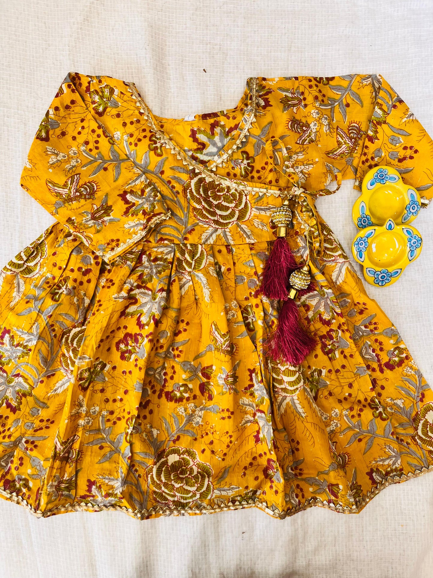 Mustard Colour Floral Printed Girls Flare Suit Set