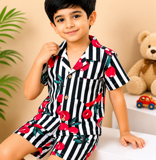 Boys' Striped Quirky Fruit Print Co-ord Set. Handcrafted Cambric Cotton Half Sleeve Shirt & Shorts Set for Comfortable Casual Wear