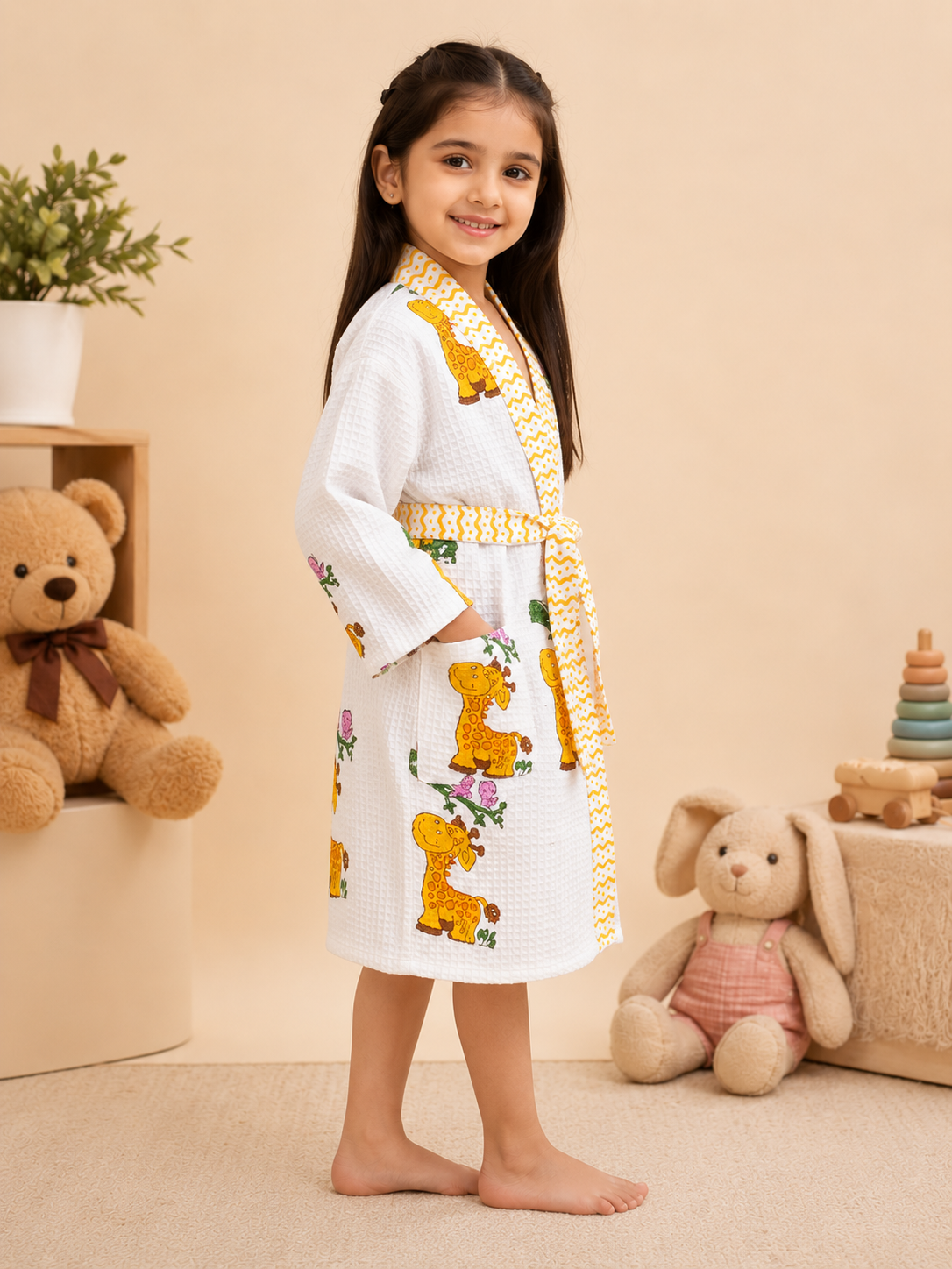 Girls Cotton Waffle Bathrobe with Cute Giraffe and car Print & Belt