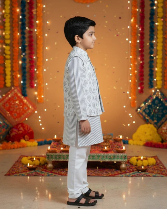 White Foil print Jacket with Kurta -Pyjama