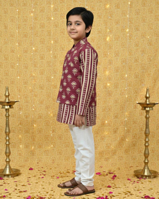 Plum Foil print Jacket with Kurta Pyjama