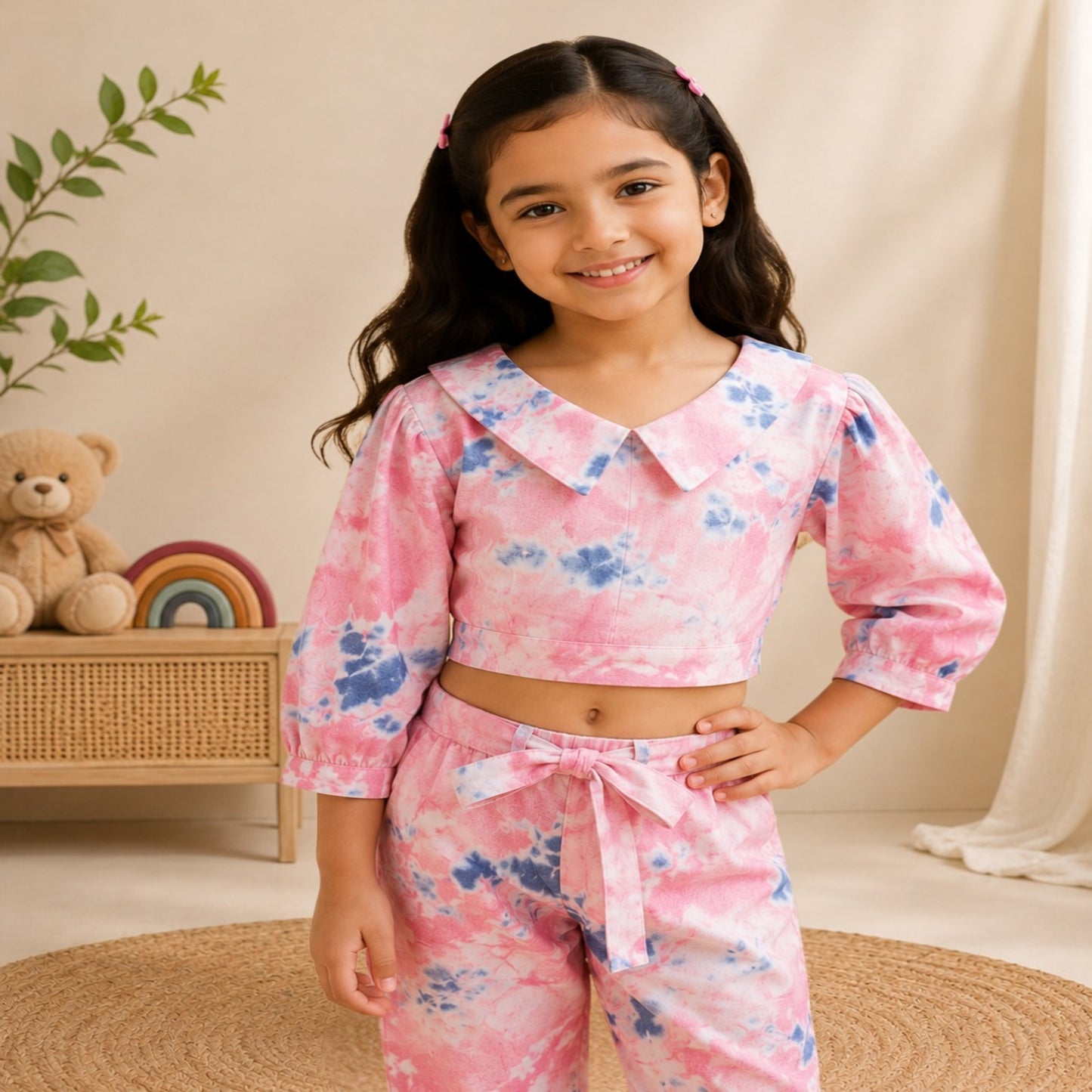 Marble Tie & Dye Print Peach Colour Girls Co-Ords