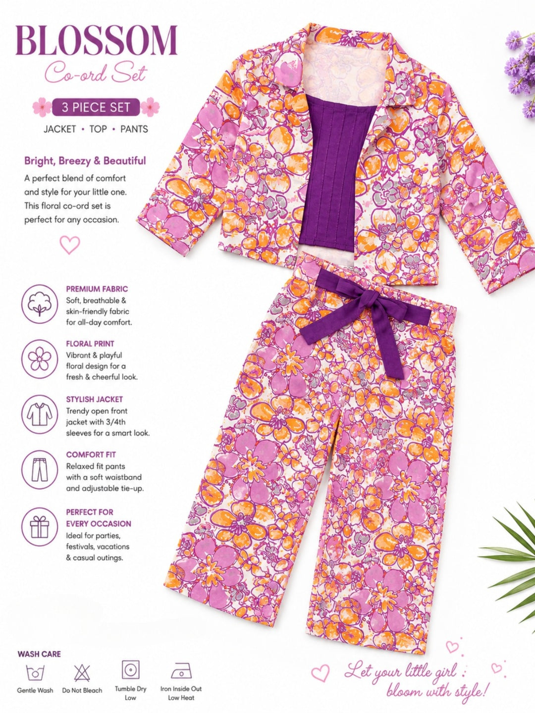 Purple Floral Printed 3 Piece Girls Co-Ords