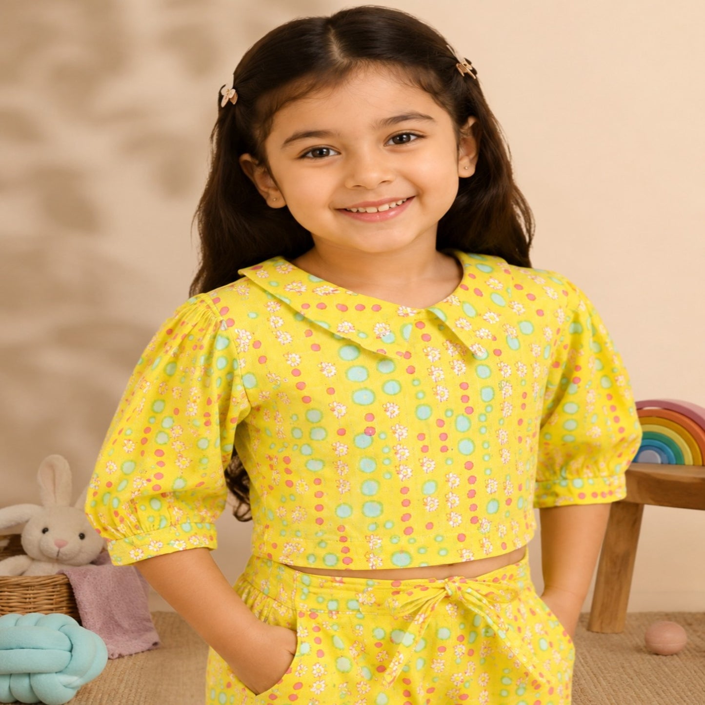 Yellow Coloured polka dots Printed Girls Co-Ords