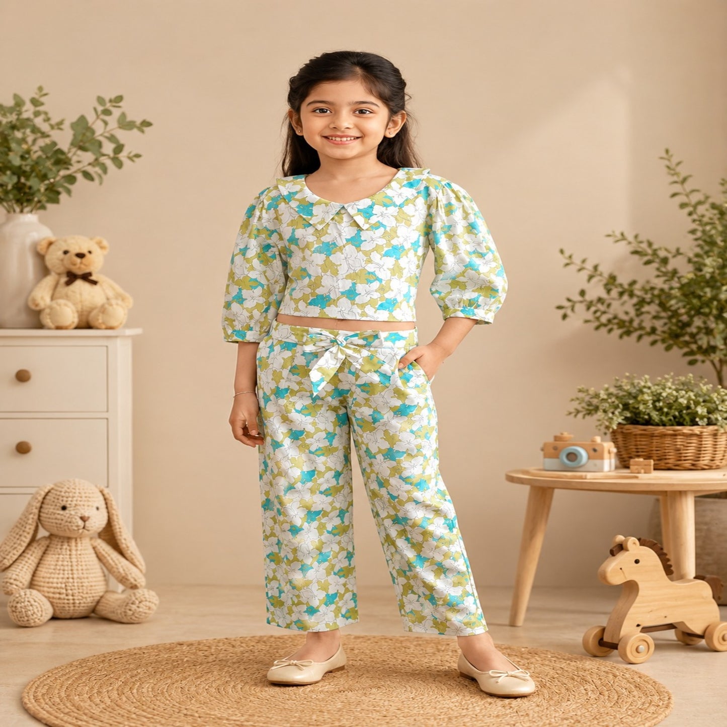 White Flower Printed Girls Co-Ords